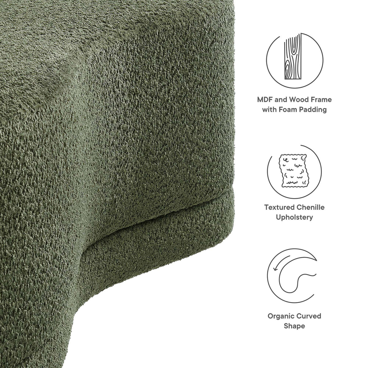 Sage chenille Nimbus ottoman bench with icons highlighting MDF wood frame, foam padding, and organic curved shape. || EEI-6816-SGE || callout_studio