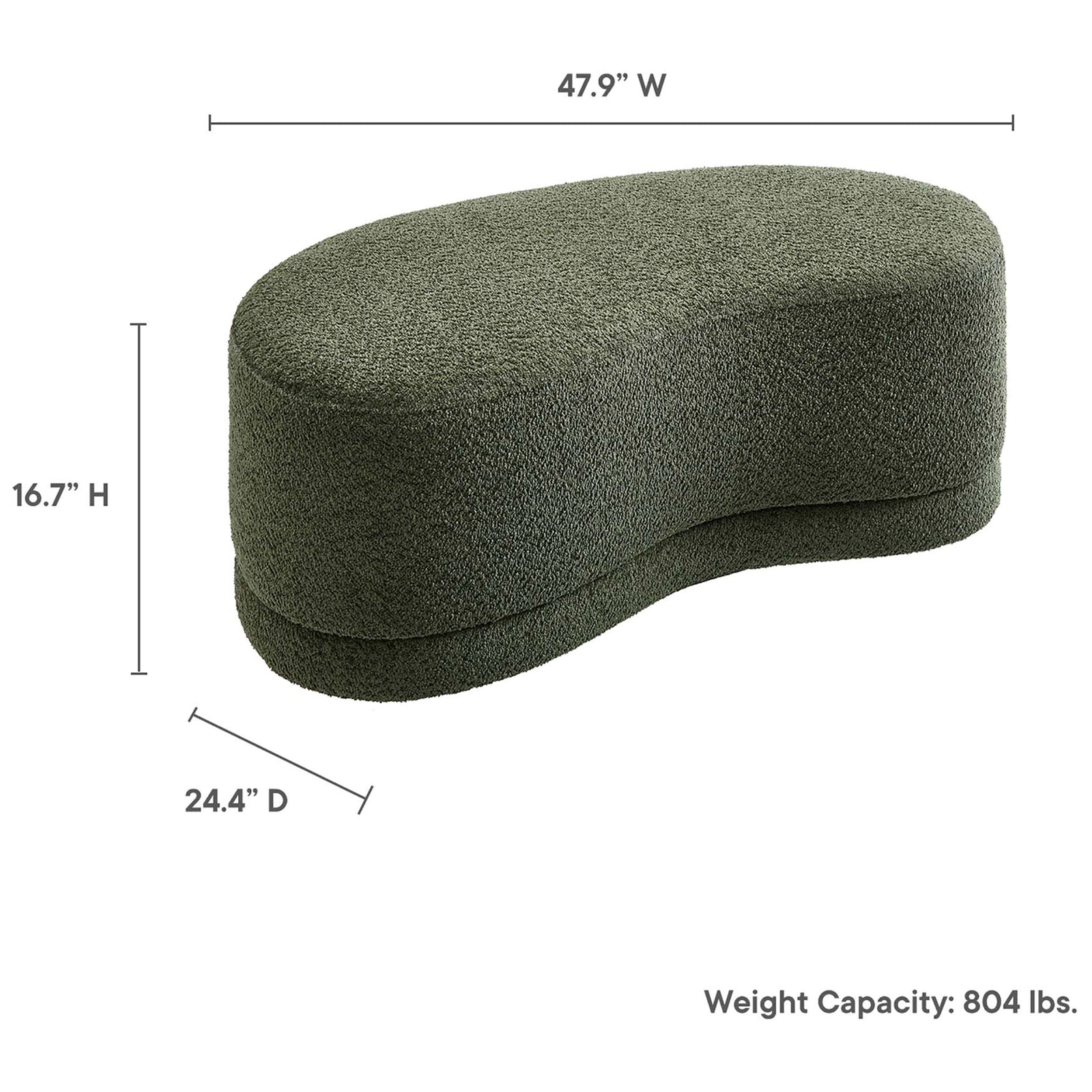 Nimbus ottoman bench in sage chenille with overlayed dimensions and weight capacity details for easy planning. || EEI-6816-SGE || dimension_studio