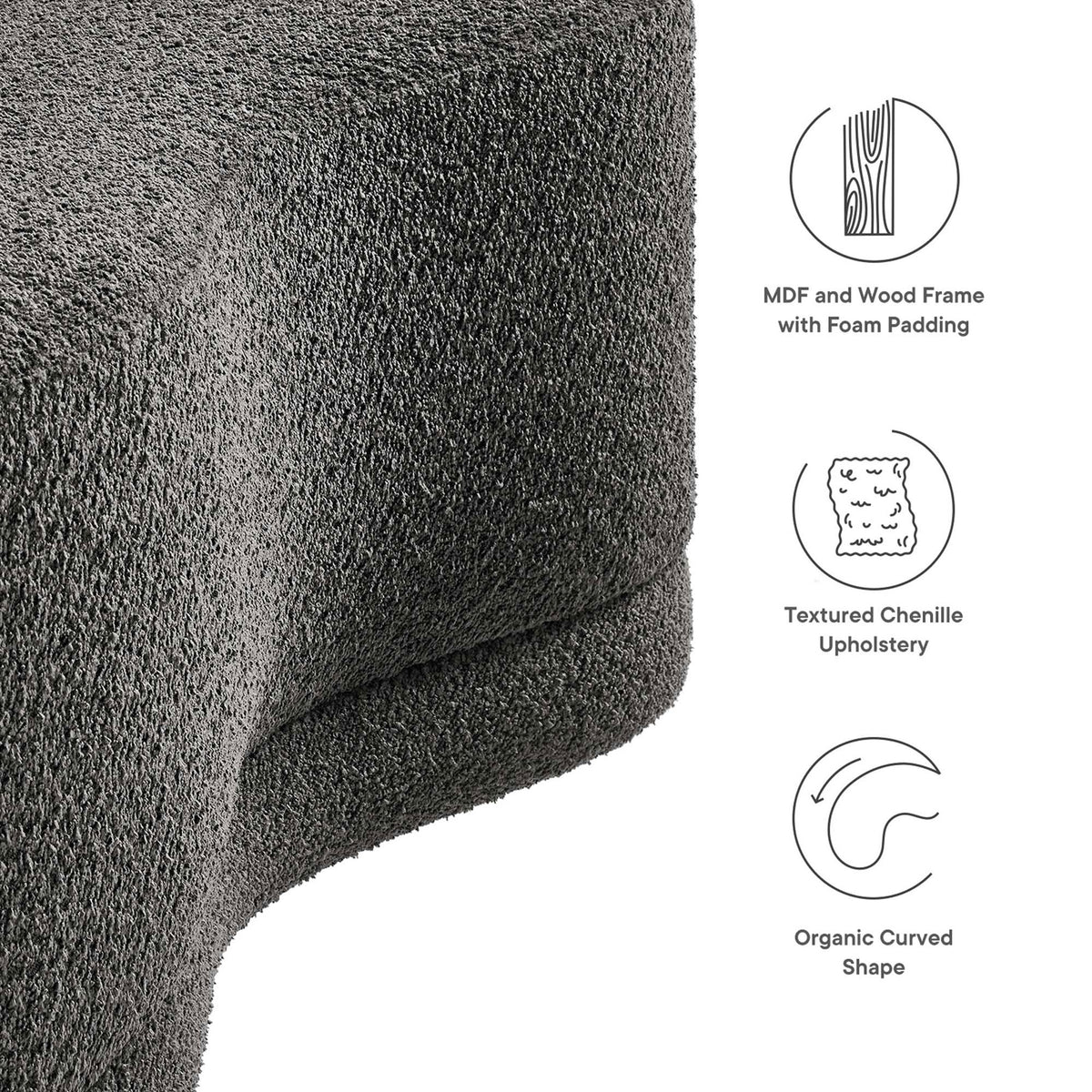 Textured chenille ottoman detail with icons calling out wood frame, foam padding, and organic curved shape. || EEI-6816-SLA || callout_studio