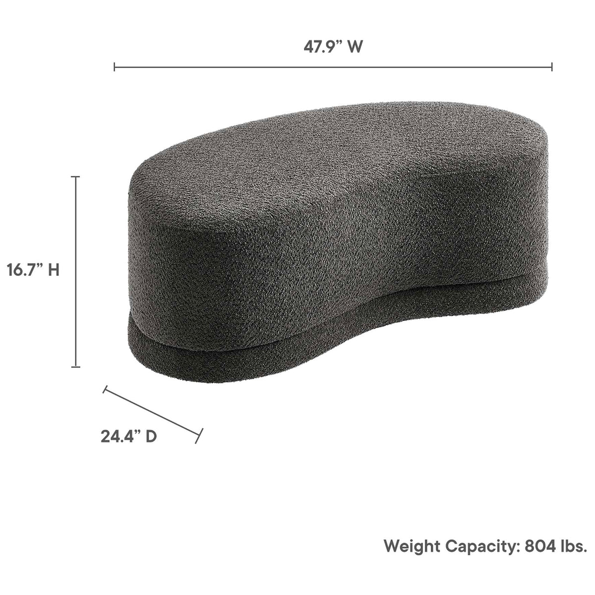 Nimbus dark gray ottoman bench with labeled dimensions and 804 pound weight capacity for versatile seating. || EEI-6816-SLA || dimension_studio