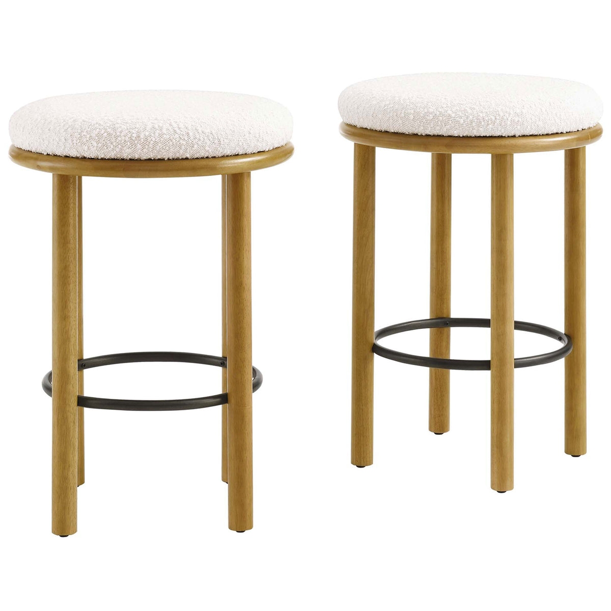 Matching pair of oak counter stools with cozy ivory boucle seats and integrated metal footrests || EEI-6818-OAK-IVO || front_multi_studio