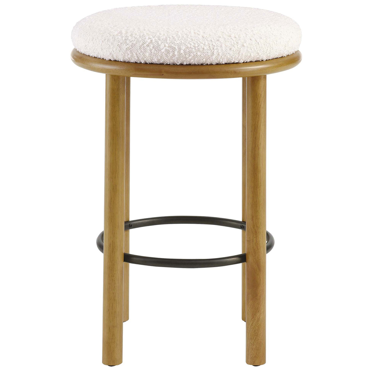 Backless oak counter stool with plush ivory boucle seat and a sturdy black metal footrest || EEI-6818-OAK-IVO || front_studio