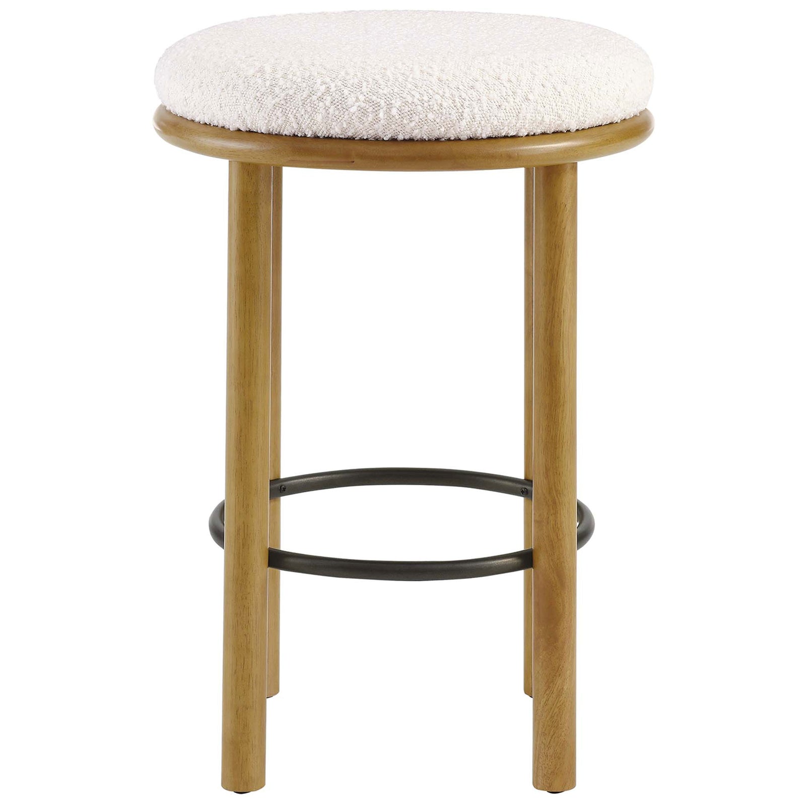 Backless oak counter stool with plush ivory boucle seat and a sturdy black metal footrest || EEI-6818-OAK-IVO || front_studio
