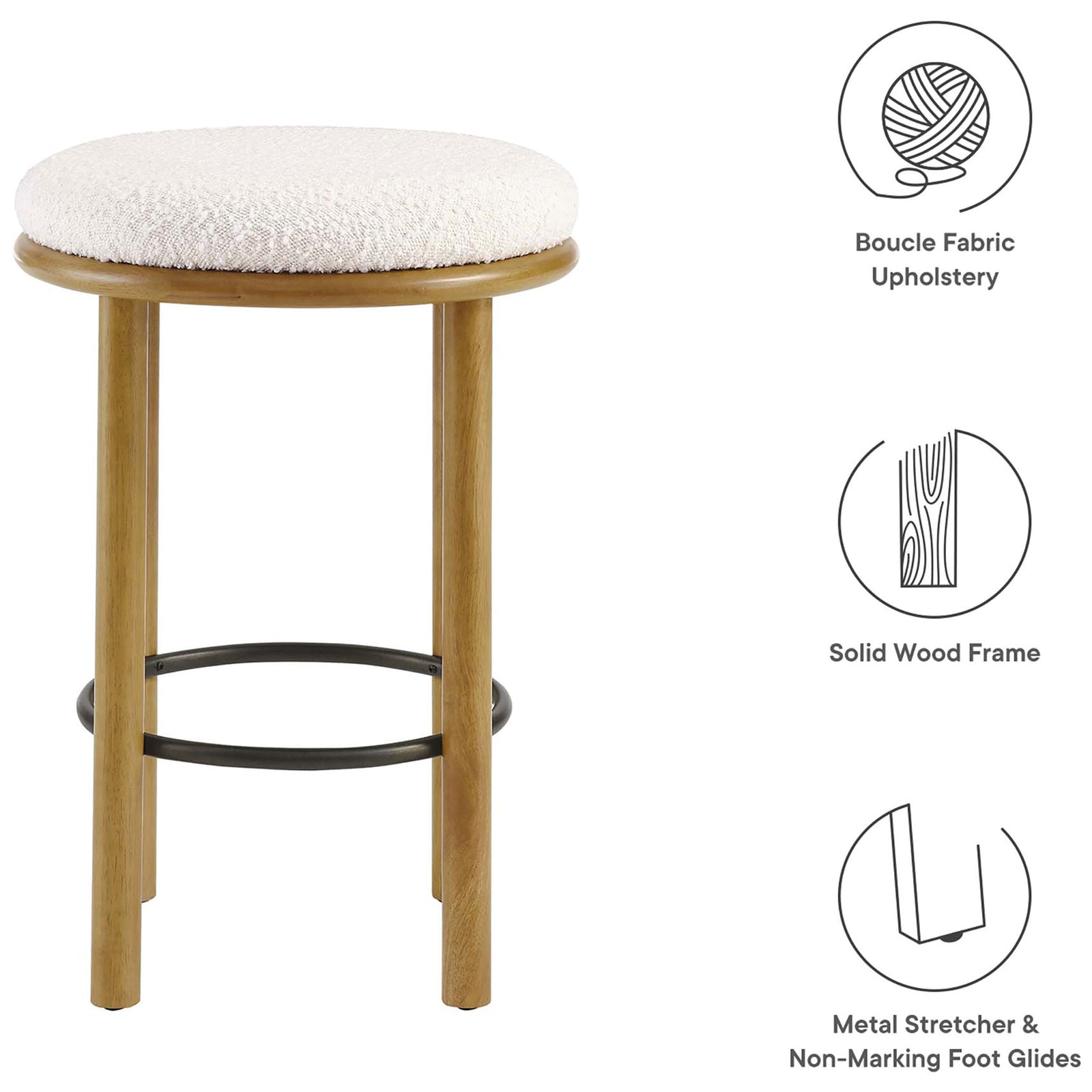 Boucle-upholstered counter stool with solid wood frame, metal stretcher, and non-marking glides || EEI-6818-OAK-IVO || callout_studio