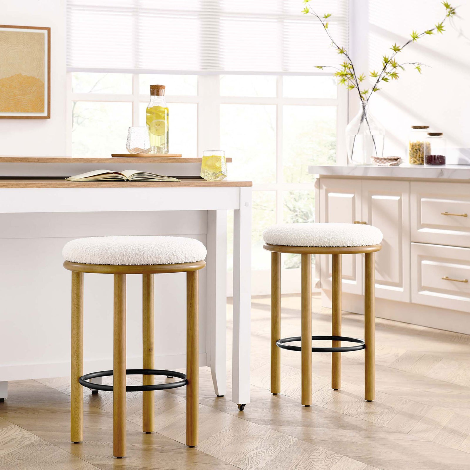 Two oak counter stools add soft texture and warmth to a bright, modern kitchen || EEI-6818-OAK-IVO || front_multi_room