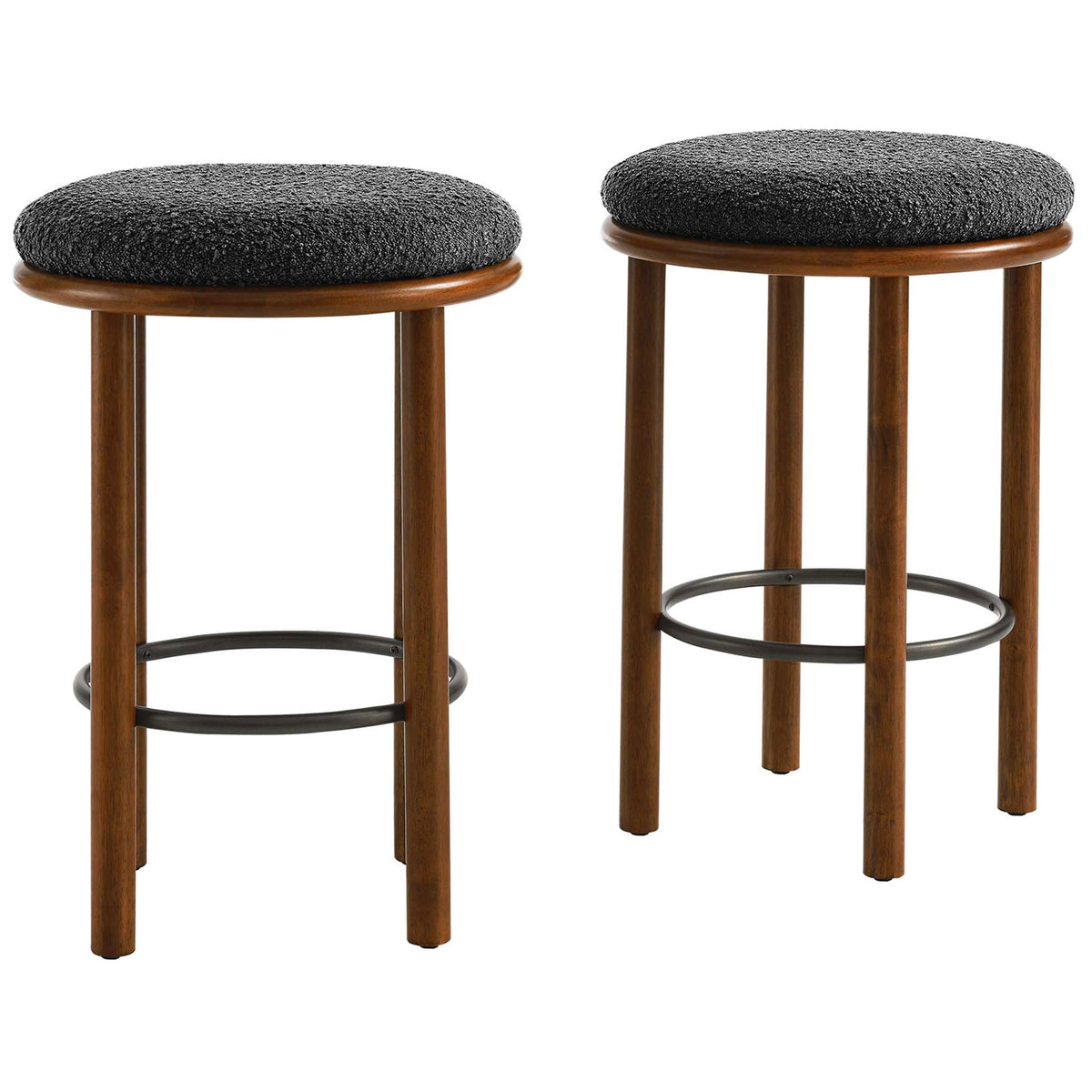 Set of two backless counter stools with charcoal boucle seats, walnut frames, and a round metal footrest || EEI-6818-WAL-CHA || front_multi_studio
