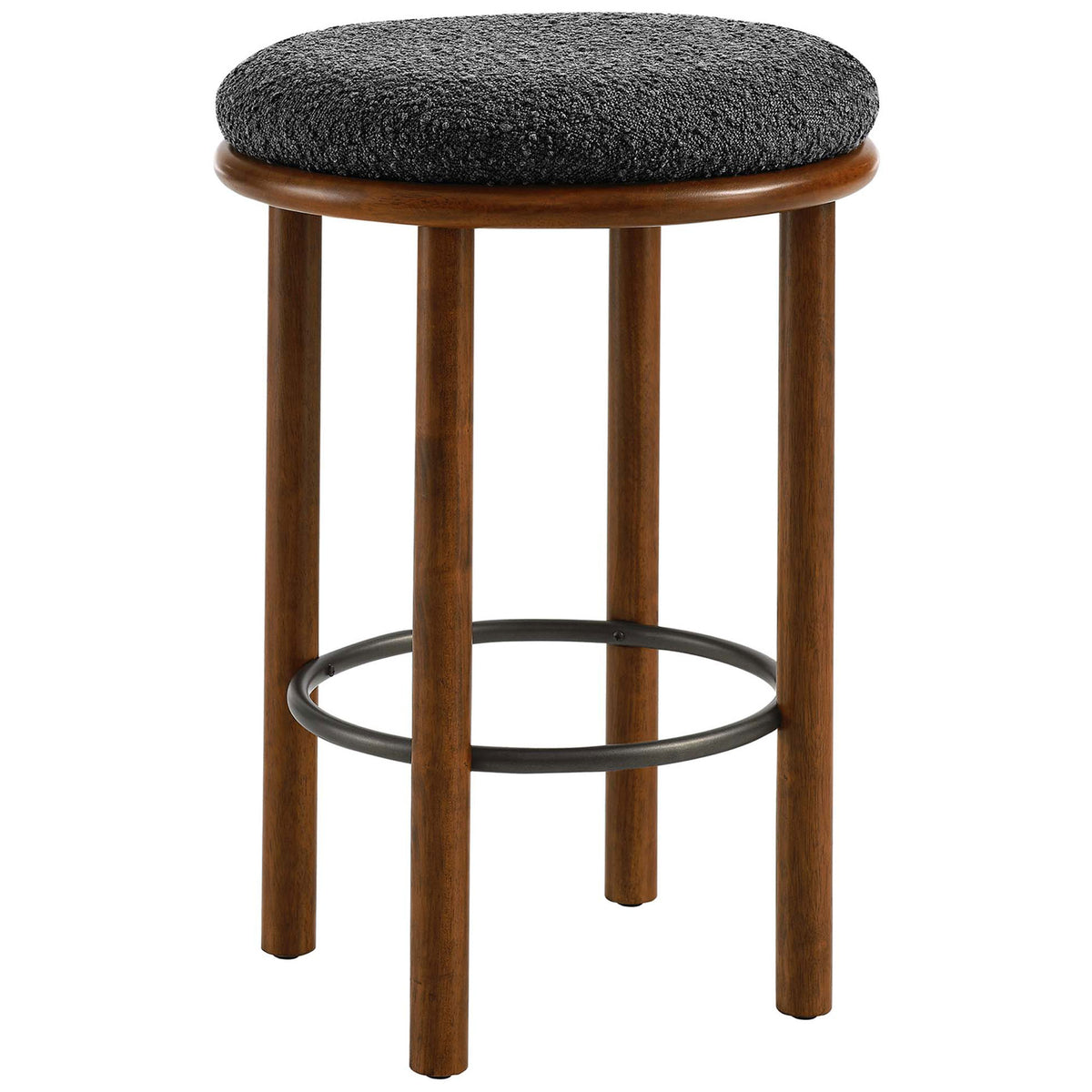 Backless counter stool with a plush charcoal boucle seat, walnut wood legs, and circular metal footrest || EEI-6818-WAL-CHA || front_angle_studio