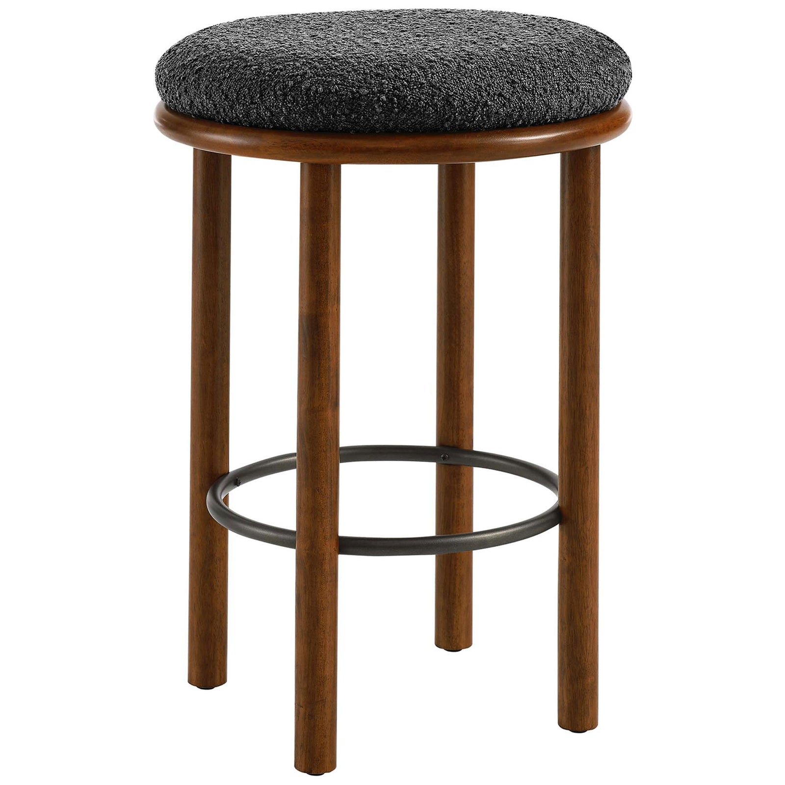 Backless counter stool with a plush charcoal boucle seat, walnut wood legs, and circular metal footrest || EEI-6818-WAL-CHA || front_angle_studio