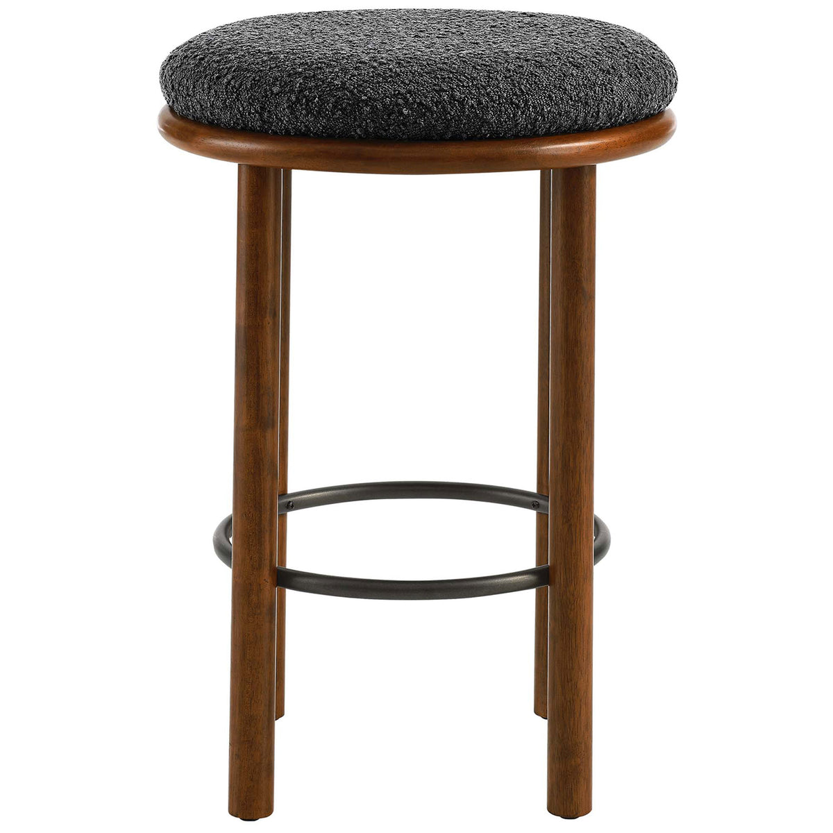 Counter-height stool in walnut with a cozy charcoal boucle cushion and sleek round metal foot ring || EEI-6818-WAL-CHA || front_studio