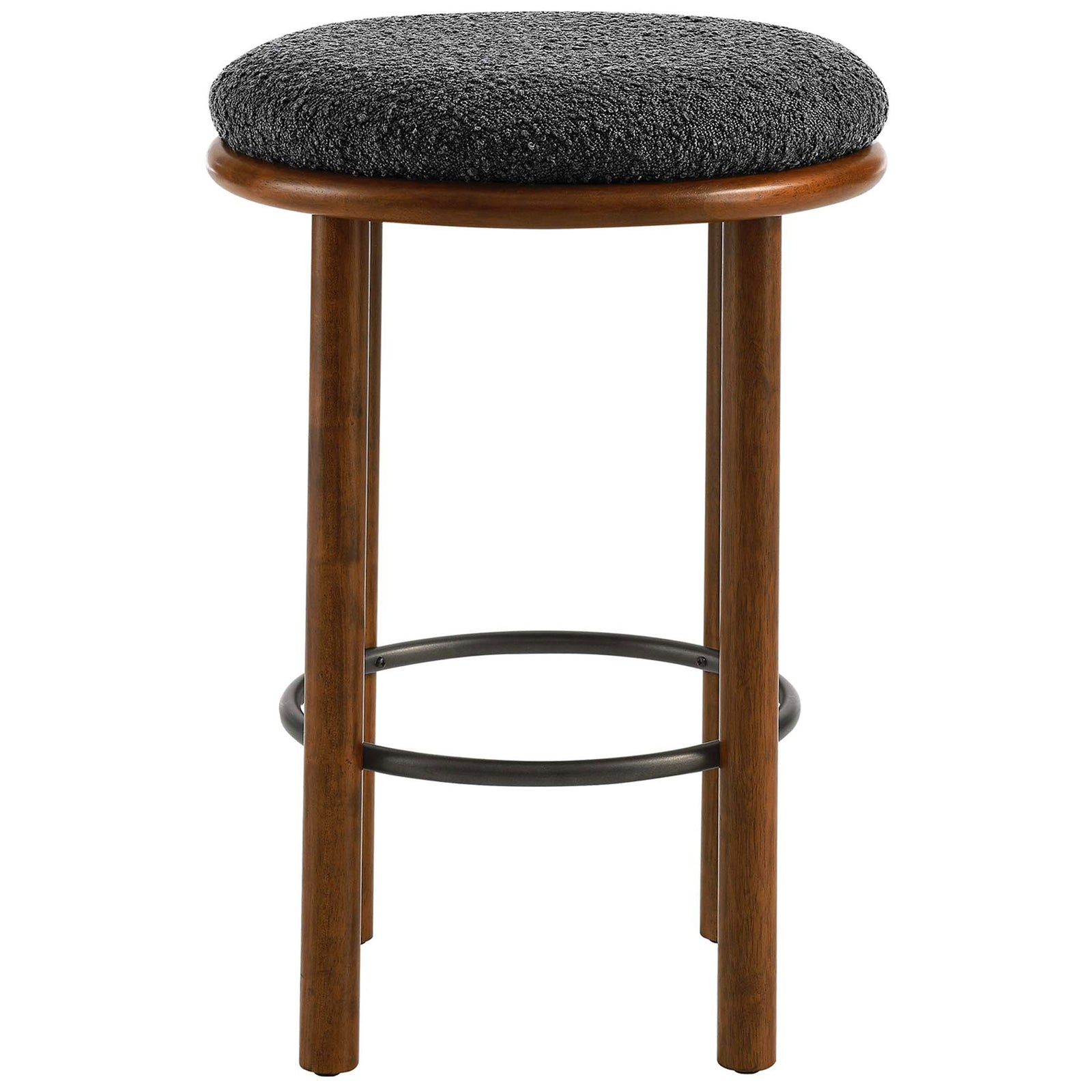 Counter-height stool in walnut with a cozy charcoal boucle cushion and sleek round metal foot ring || EEI-6818-WAL-CHA || front_studio