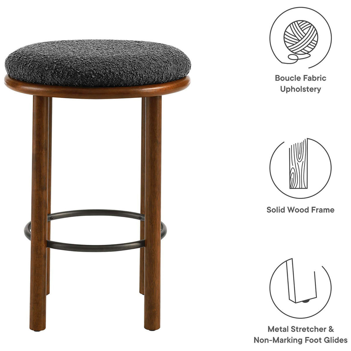 Boucle-upholstered counter stool with solid wood frame, metal stretcher, and non-marking glides || EEI-6818-WAL-CHA || callout_studio