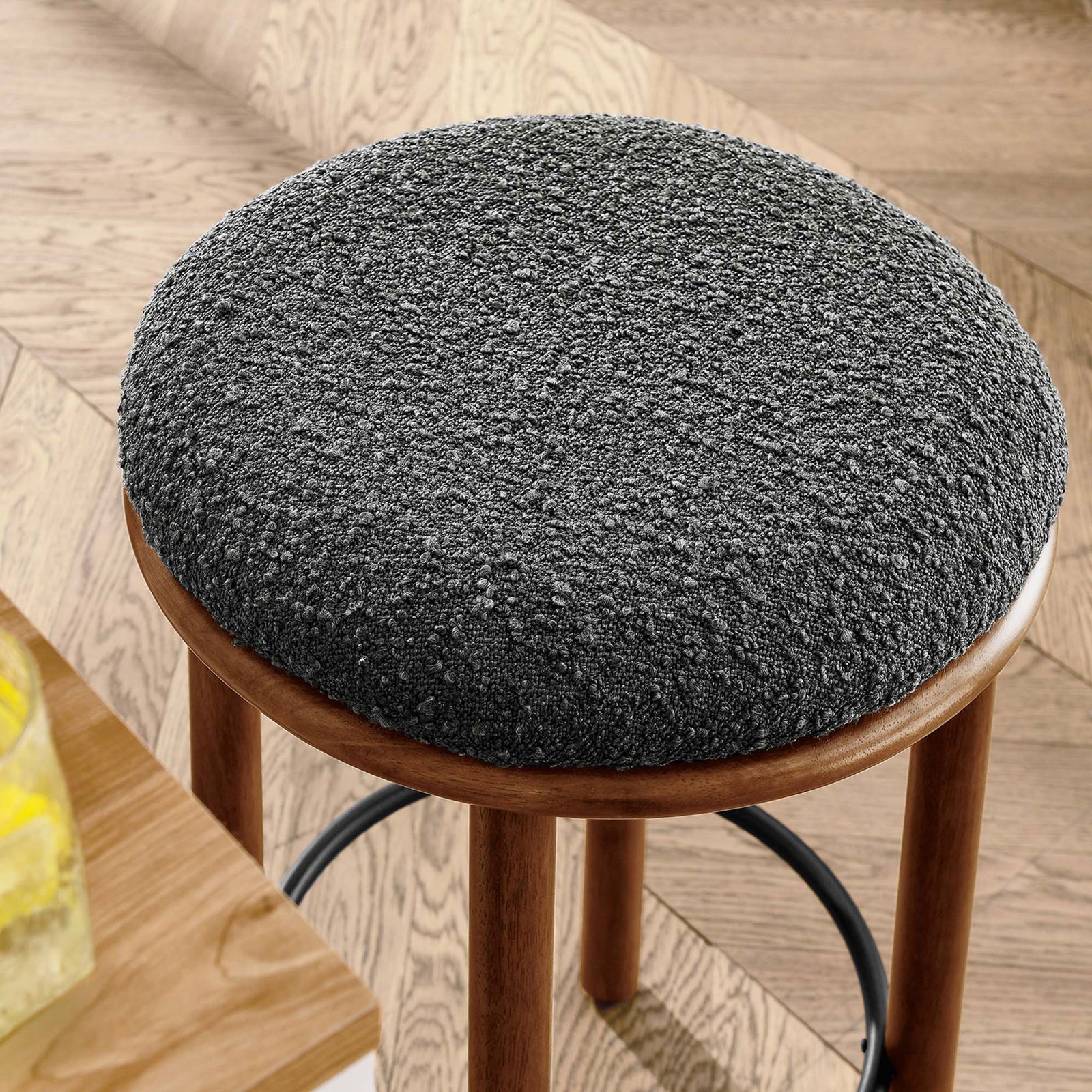 Textured charcoal boucle upholstery offers a soft, tactile seat with modern character || EEI-6818-WAL-CHA || detail_room
