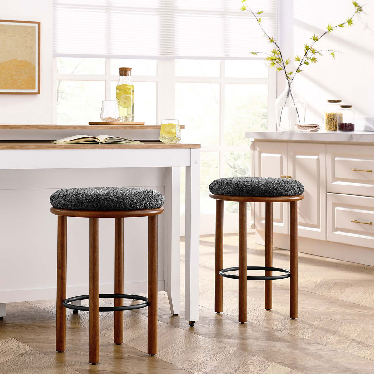 Two counter stools elevate the kitchen with walnut warmth, boucle comfort, and effortless versatility || EEI-6818-WAL-CHA || front_multi_room