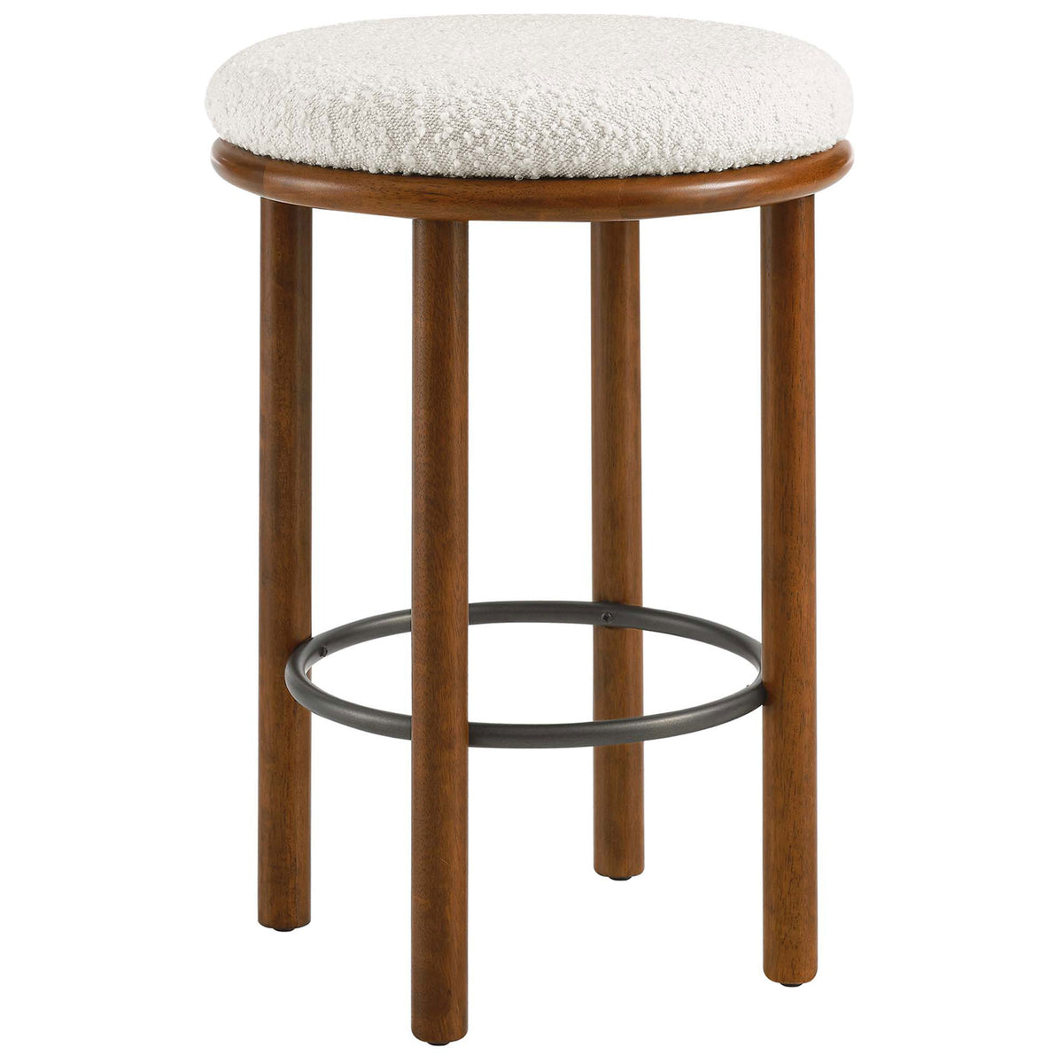 Streamlined counter stool in walnut with a plush ivory boucle seat and sturdy metal foot ring || EEI-6818-WAL-IVO || front_angle_studio