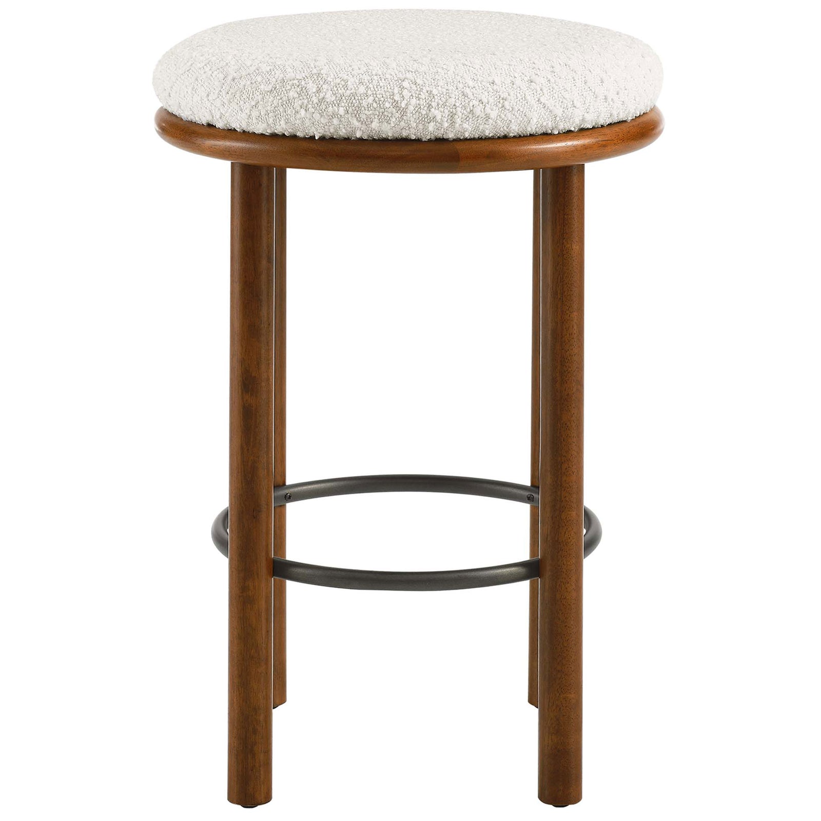 Backless counter stool with an ivory boucle round seat, walnut wood legs, and a black metal footrest ring || EEI-6818-WAL-IVO || front_studio