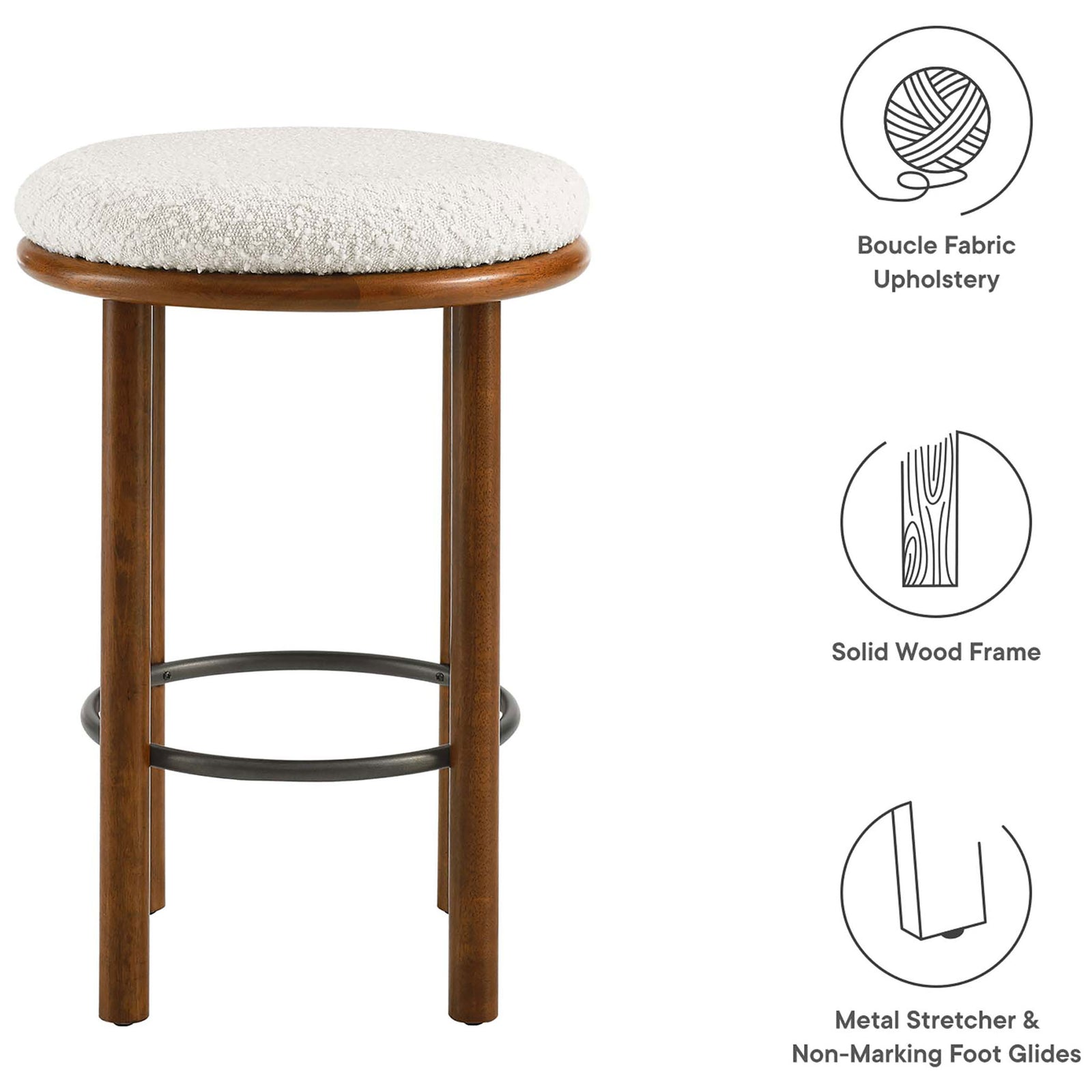 Boucle upholstery, solid wood frame, and non-marking foot glides highlighted || EEI-6818-WAL-IVO || callout_studio