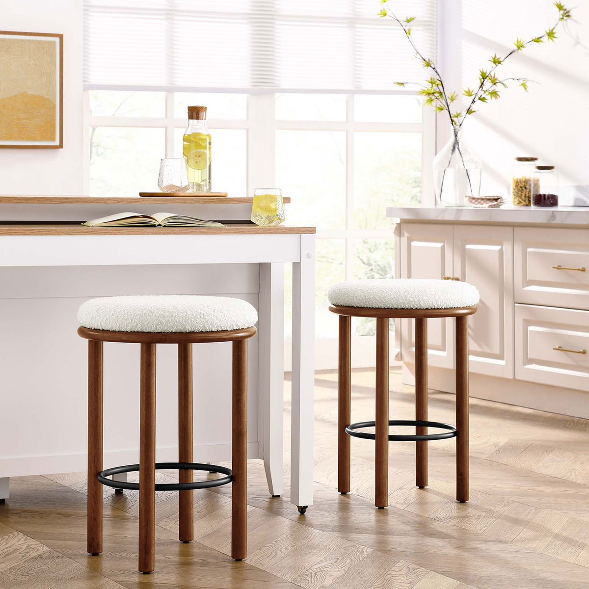 Pair of counter stools brings soft boucle texture and warm wood to the kitchen || EEI-6818-WAL-IVO || front_angle_multi_room