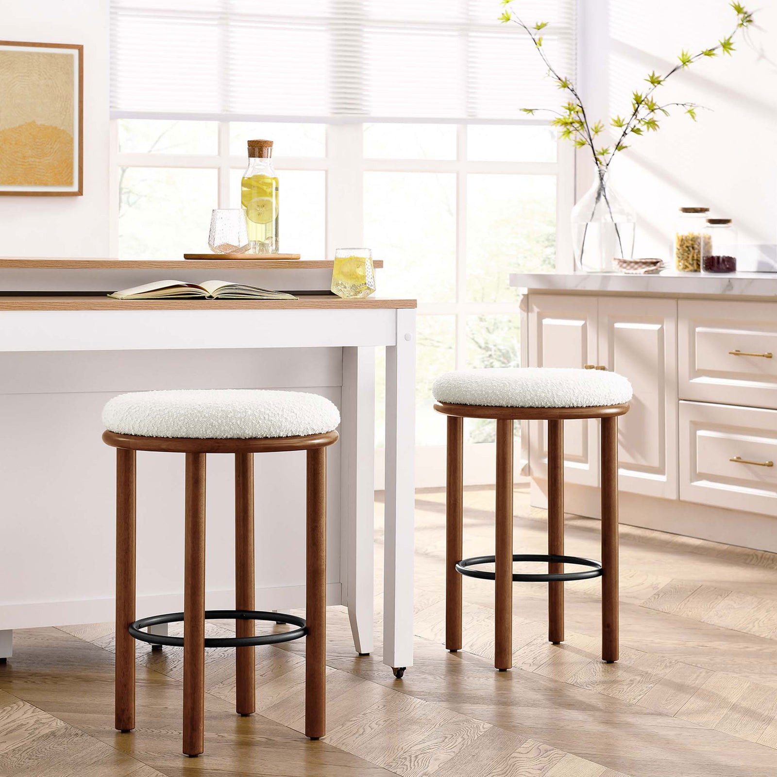 Pair of counter stools brings soft boucle texture and warm wood to the kitchen || EEI-6818-WAL-IVO || front_angle_multi_room