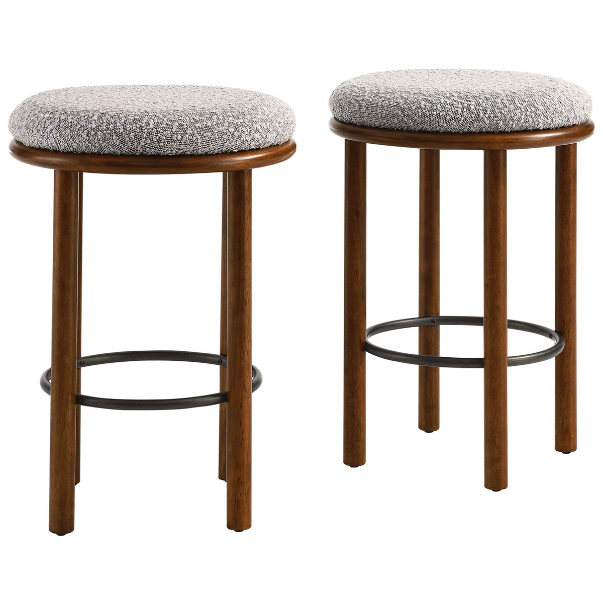 Pair of counter-height stools with taupe boucle seats, walnut wood frames, and a steel ring footrest || EEI-6818-WAL-TAU || front_angle_multi_studio