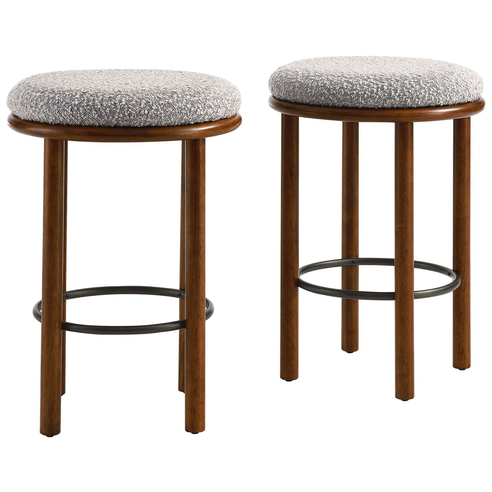 Pair of counter-height stools with taupe boucle seats, walnut wood frames, and a steel ring footrest || EEI-6818-WAL-TAU || front_angle_multi_studio