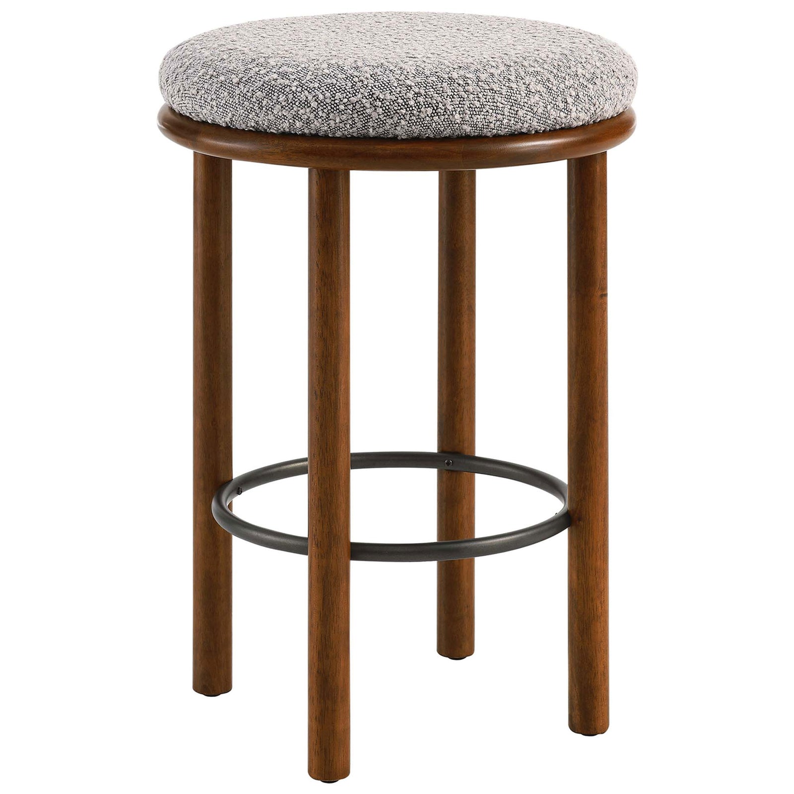 Backless counter stool with a plush taupe boucle seat, walnut frame, and curved metal footrest || EEI-6818-WAL-TAU || front_angle_studio