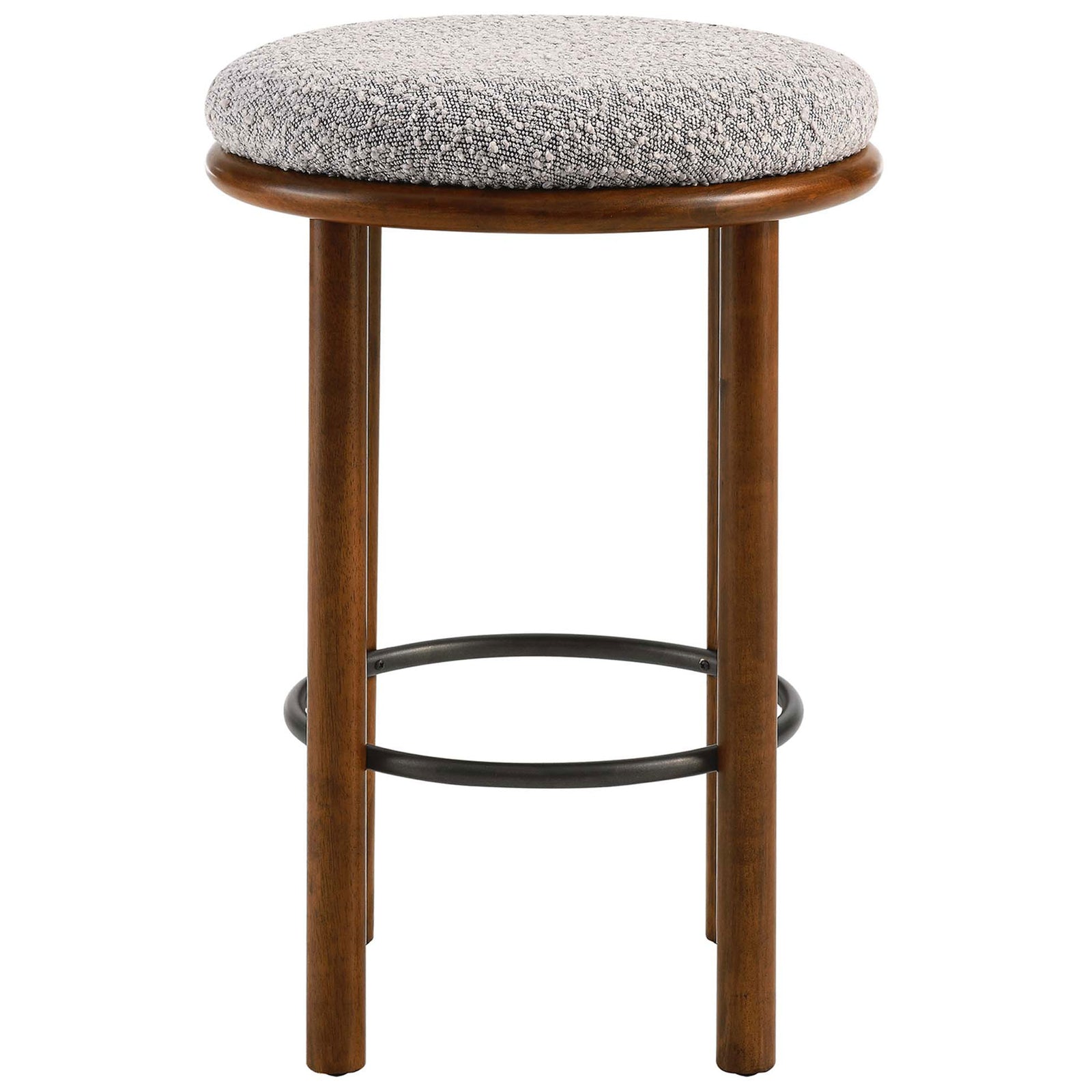 Counter-height stool featuring a round taupe boucle cushion on a walnut base with a circular footrest || EEI-6818-WAL-TAU || front_studio