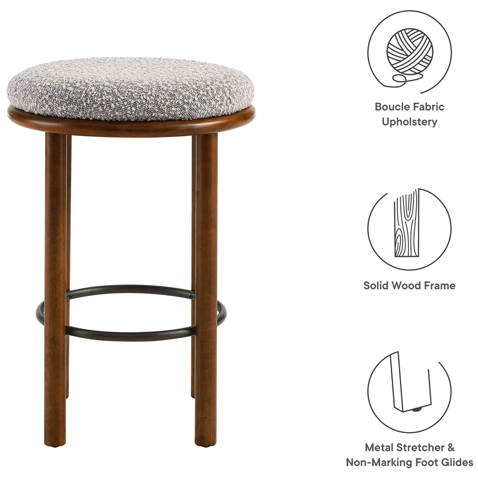 Boucle upholstery, solid wood frame, and non-marking foot glides for everyday durability || EEI-6818-WAL-TAU || callout_studio