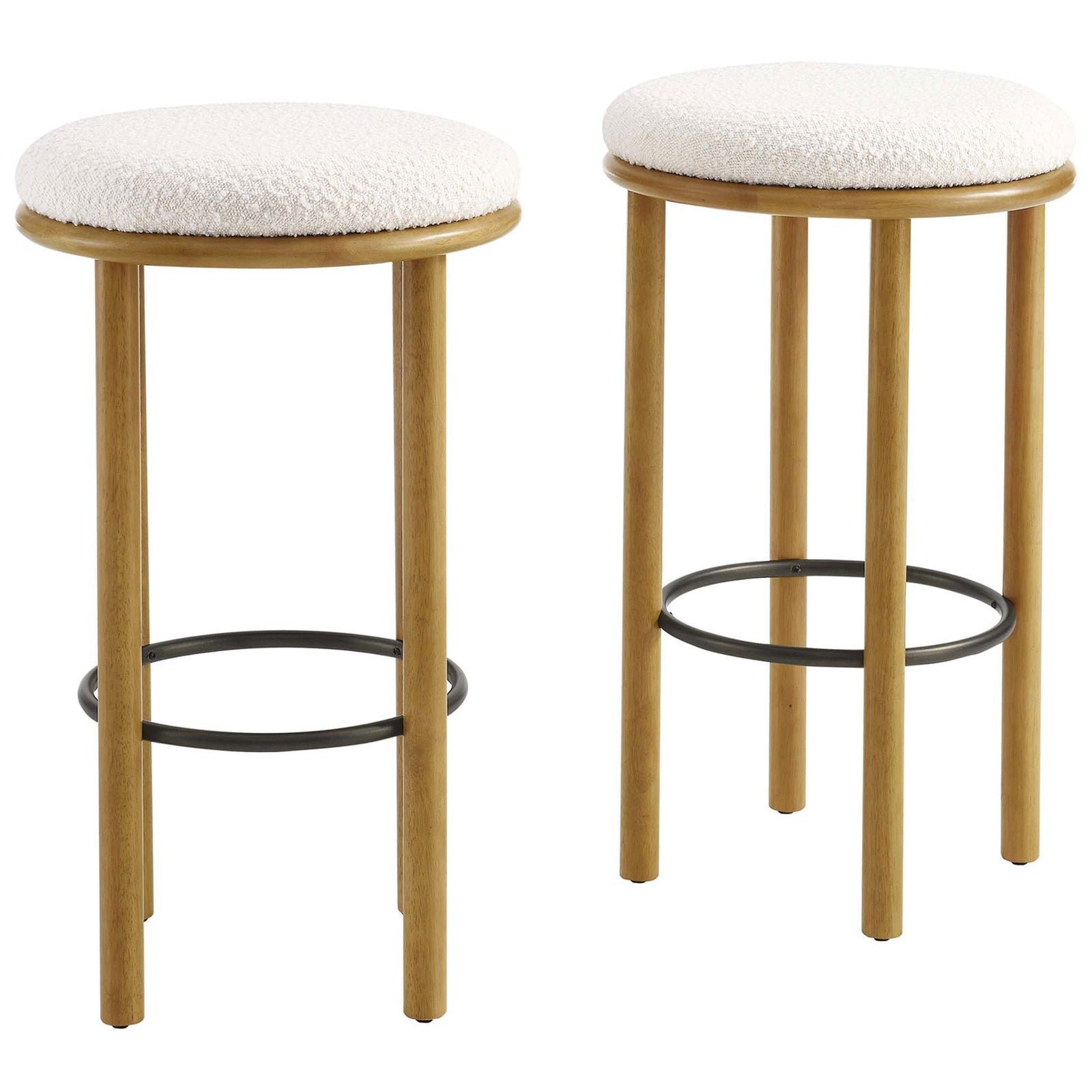 Set of two oak bar stools with cozy ivory boucle seats and integrated metal footrests || EEI-6819-OAK-IVO || front_multi_studio