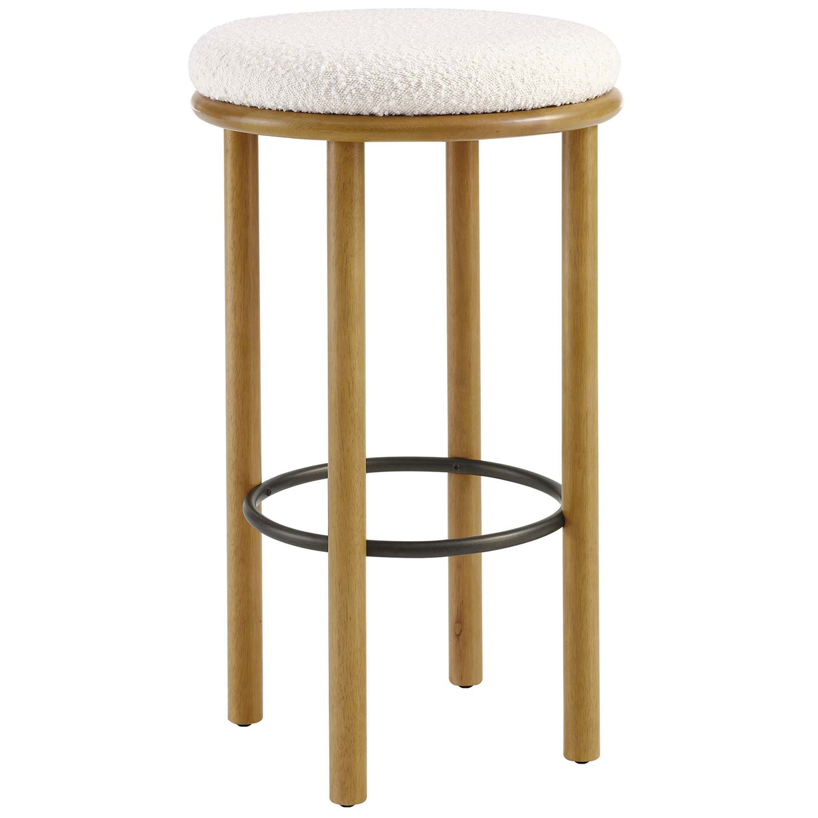 Streamlined round bar stool in oak with soft ivory boucle and a supportive ring footrest || EEI-6819-OAK-IVO || front_angle_studio