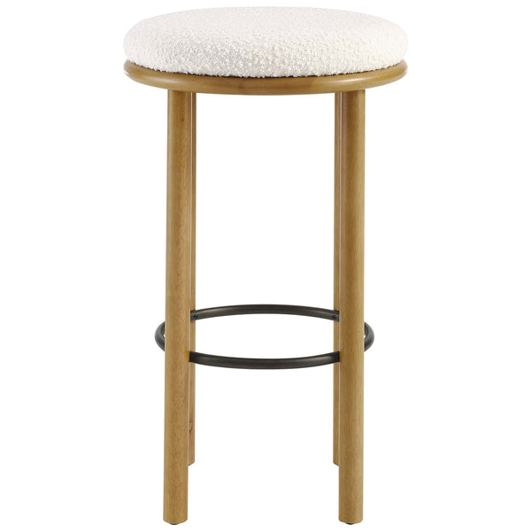 Backless oak bar stool with plush ivory boucle seat and a sturdy black metal footrest || EEI-6819-OAK-IVO || front_studio