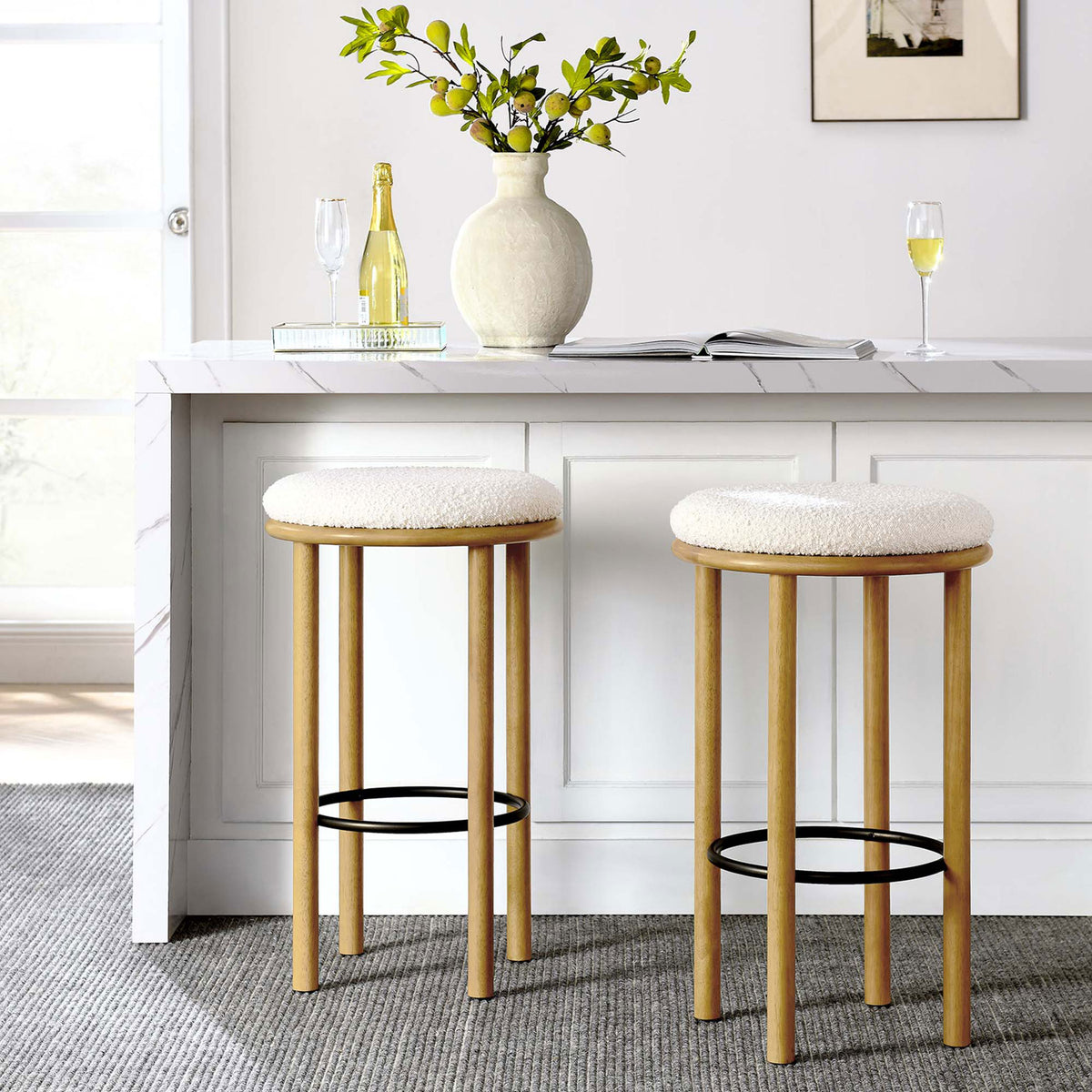 Pair of oak bar stools brings inviting texture to a crisp, contemporary kitchen || EEI-6819-OAK-IVO || front_multi_room