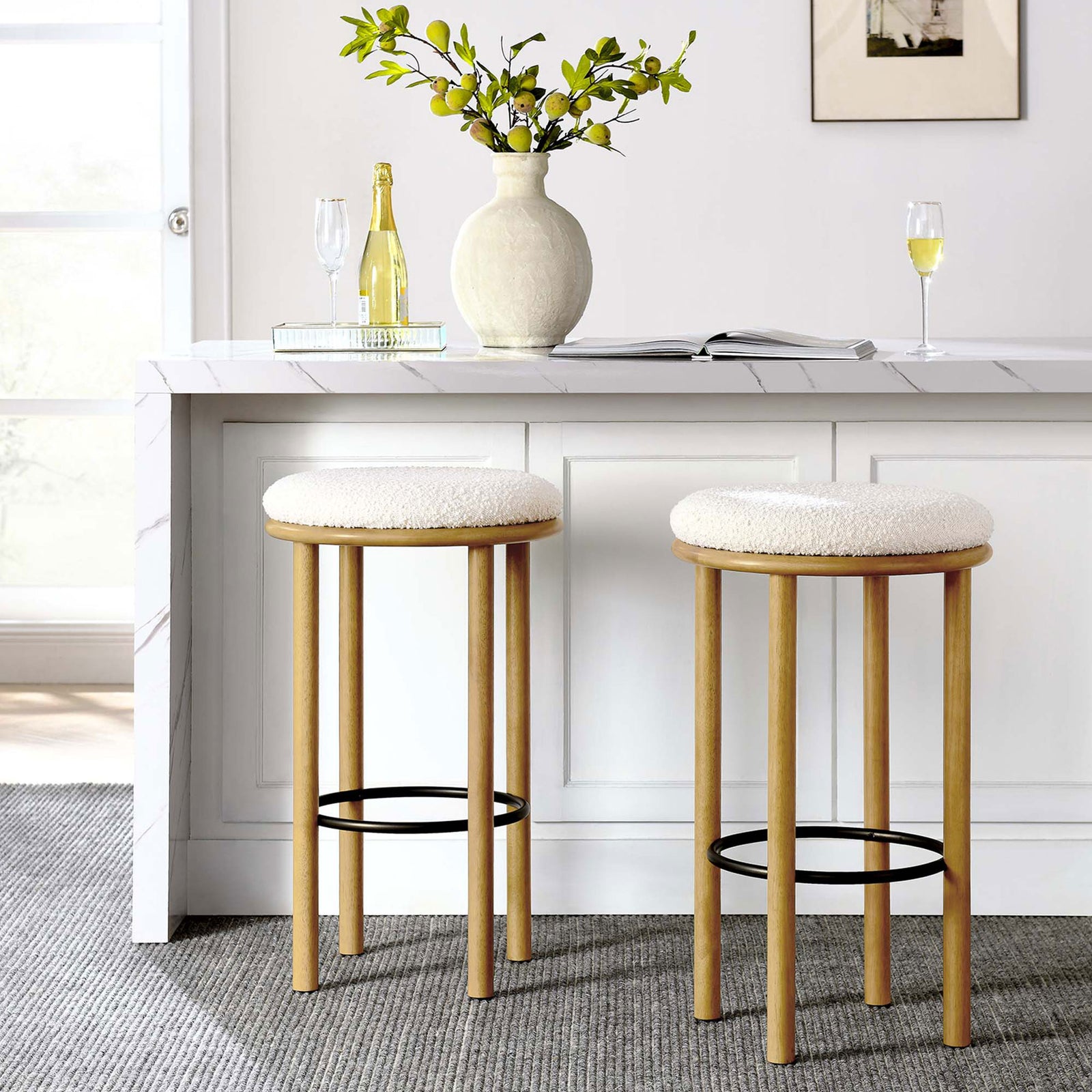 Pair of oak bar stools brings inviting texture to a crisp, contemporary kitchen || EEI-6819-OAK-IVO || front_multi_room