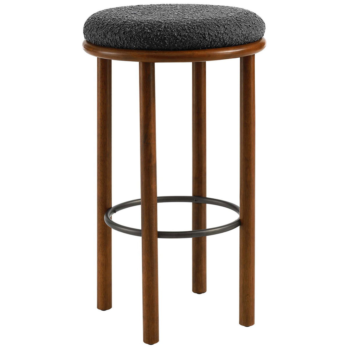 Backless bar stool with a plush charcoal boucle seat, walnut wood legs, and circular metal footrest || EEI-6819-WAL-CHA || front_angle_studio