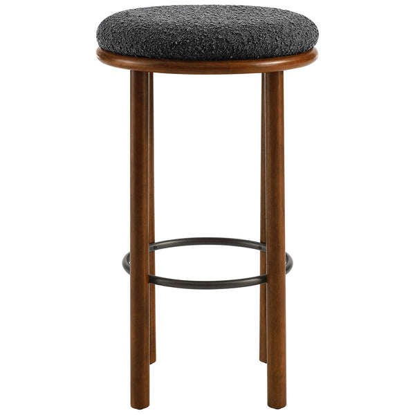 Bar-height stool in walnut with a cozy charcoal boucle cushion and sleek round metal foot ring || EEI-6819-WAL-CHA || front_studio