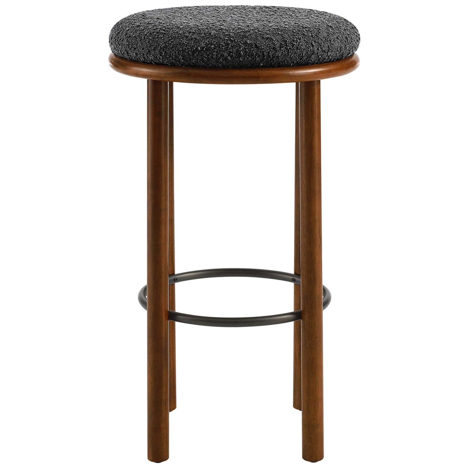Bar-height stool in walnut with a cozy charcoal boucle cushion and sleek round metal foot ring || EEI-6819-WAL-CHA || front_studio