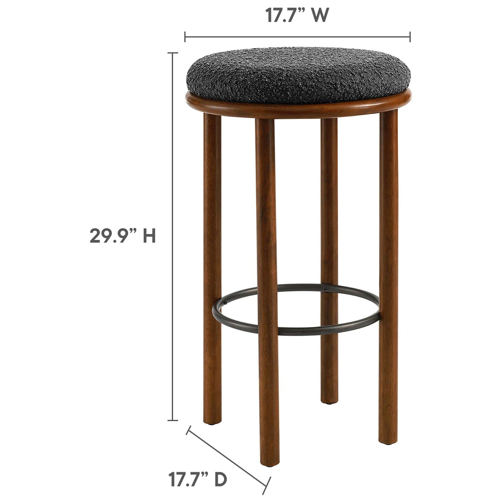 Slim bar stool sized for entertaining, with a soft round seat and supportive foot ring || EEI-6819-WAL-CHA || dimension_studio