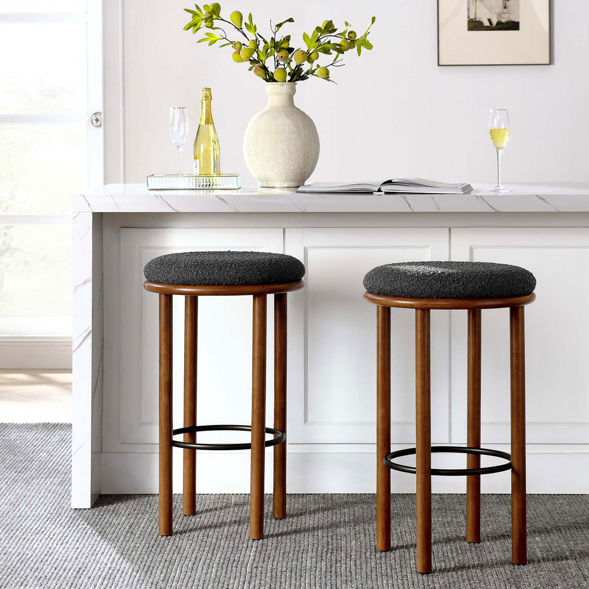 Two bar stools refresh the bar area with walnut warmth, boucle comfort, and effortless versatility || EEI-6819-WAL-CHA || front_multi_room