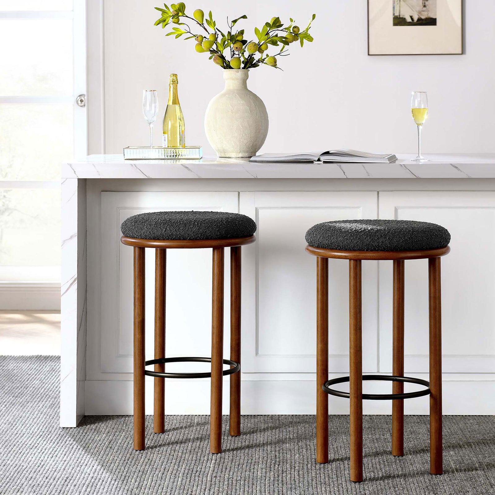 Two bar stools refresh the bar area with walnut warmth, boucle comfort, and effortless versatility || EEI-6819-WAL-CHA || front_multi_room