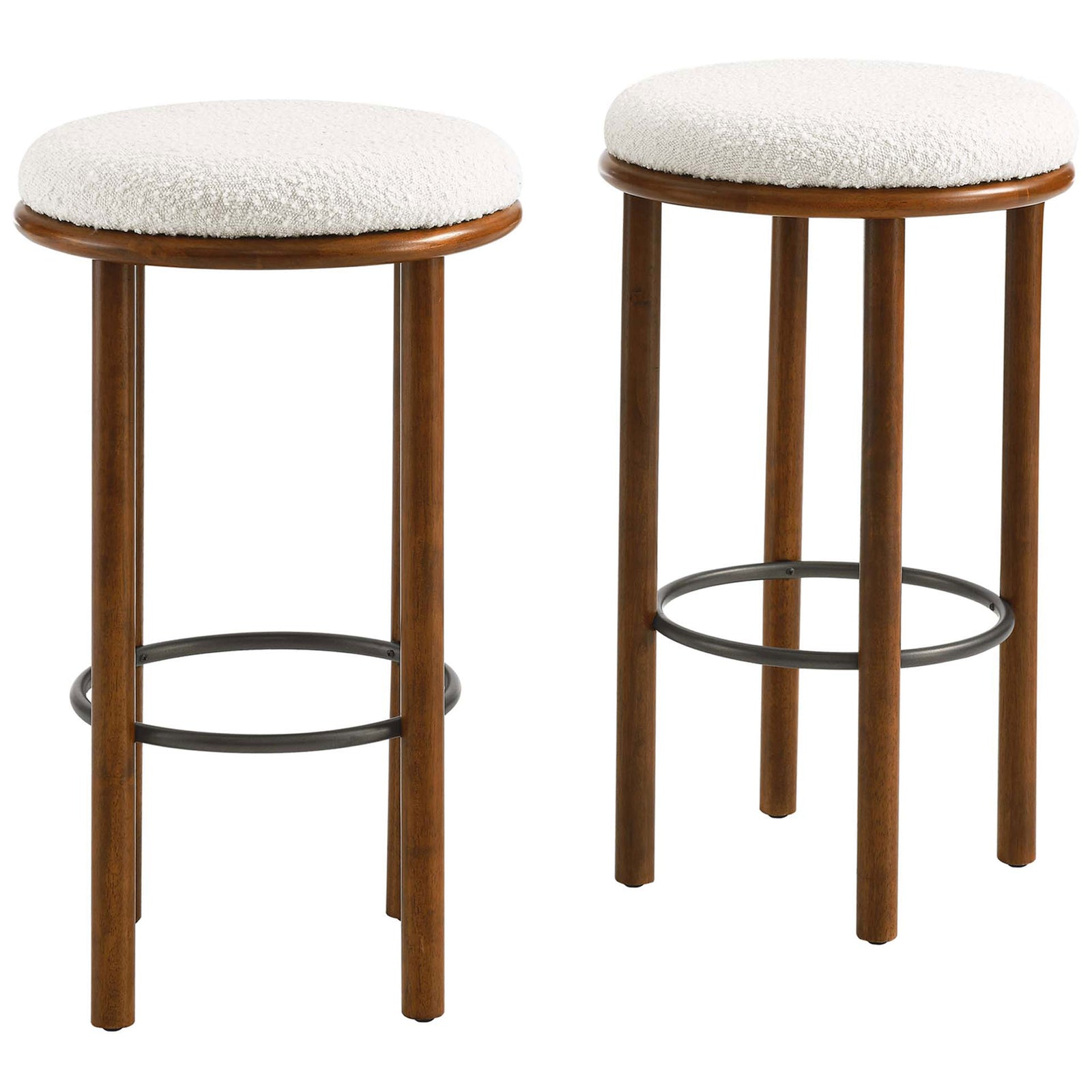 Set of two bar stools showcasing cozy boucle seats, walnut frames, and circular footrests || EEI-6819-WAL-IVO || front_angle_multi_studio
