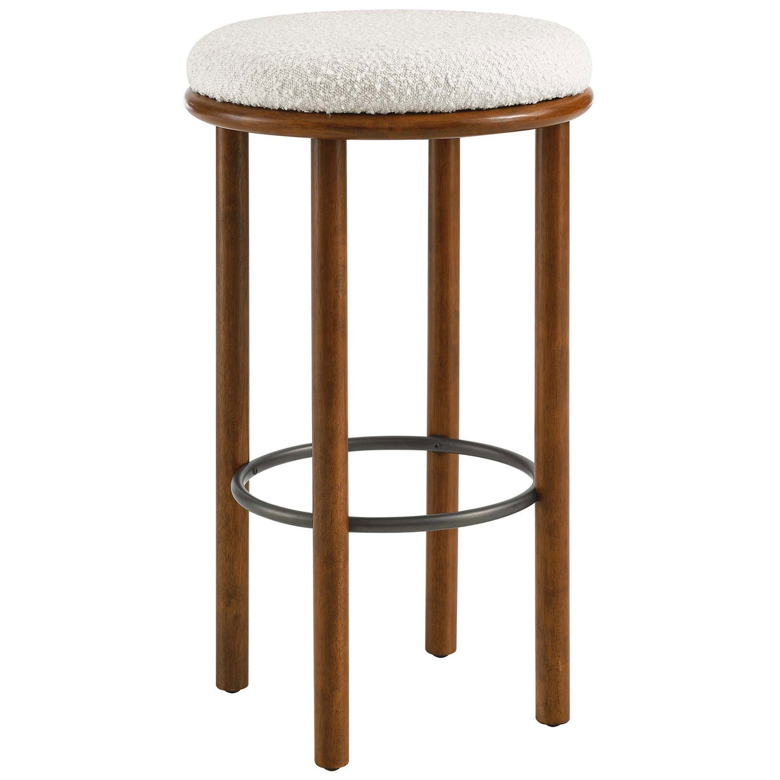 Sleek bar-height stool in walnut with a plush ivory boucle seat and integrated metal footrest || EEI-6819-WAL-IVO || front_angle_studio