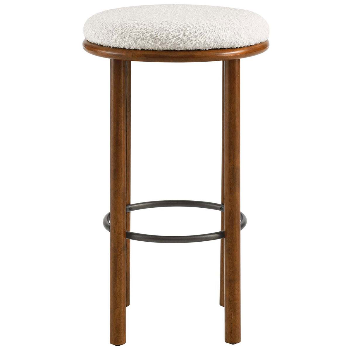 Backless bar stool with an ivory boucle round seat, walnut wood legs, and a black metal footrest ring || EEI-6819-WAL-IVO || front_studio