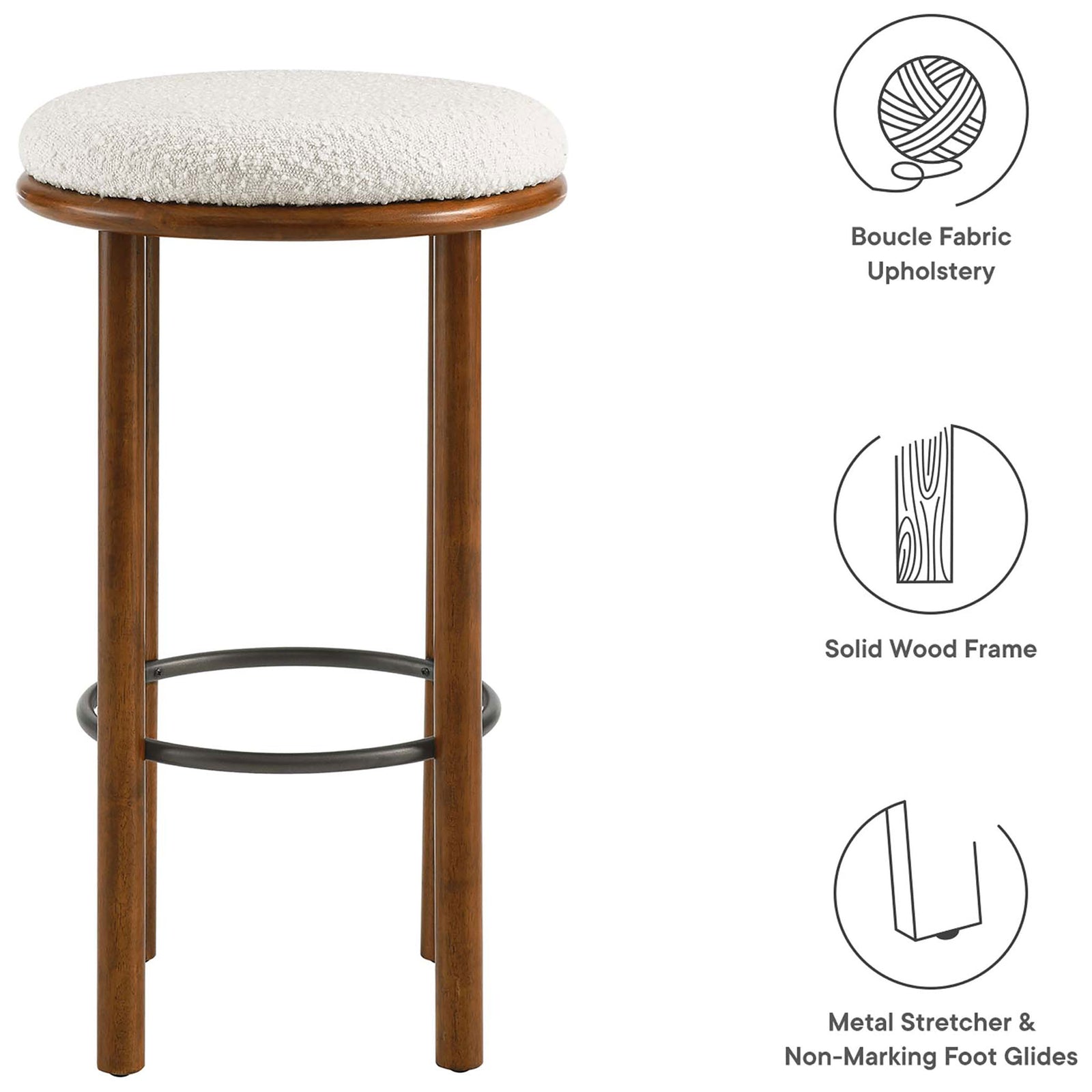 Plush boucle upholstery, solid wood construction, and non-marking glides || EEI-6819-WAL-IVO || callout_studio