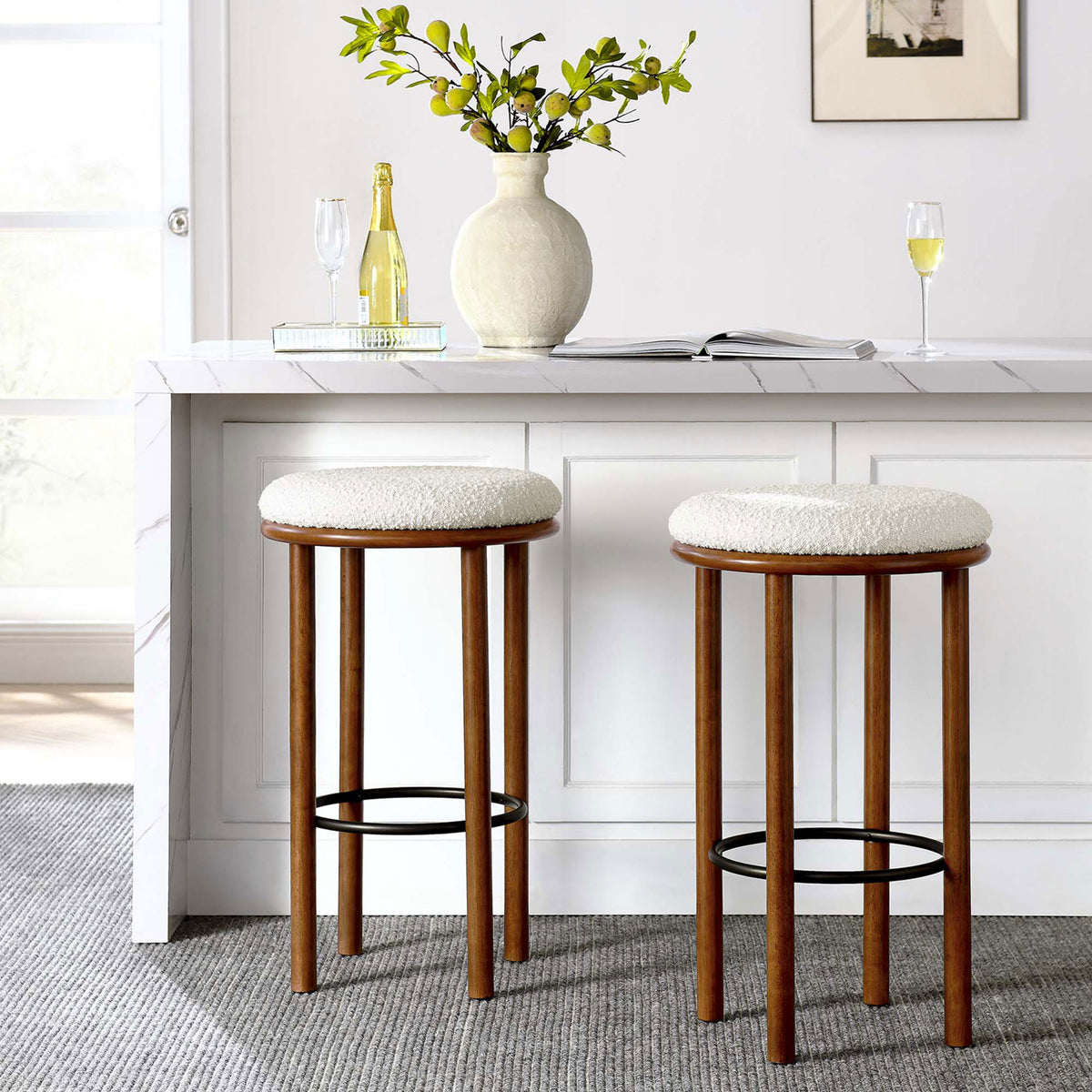 Two bar stools elevate the home bar with tactile boucle and rich walnut tones || EEI-6819-WAL-IVO || front_angle_multi_room