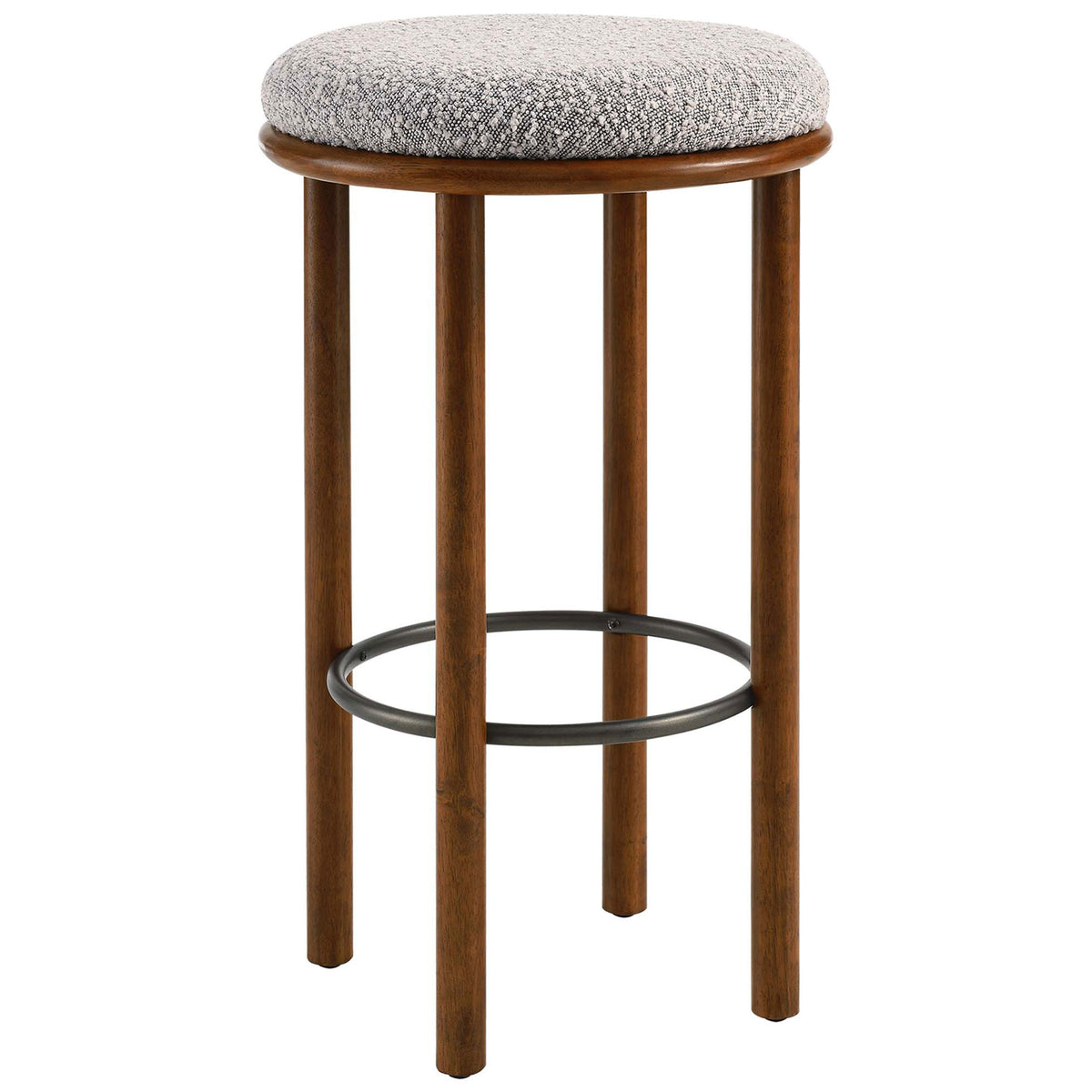 Backless bar stool with a plush taupe boucle cushion, walnut legs, and metal footrest ring || EEI-6819-WAL-TAU || front_angle_studio