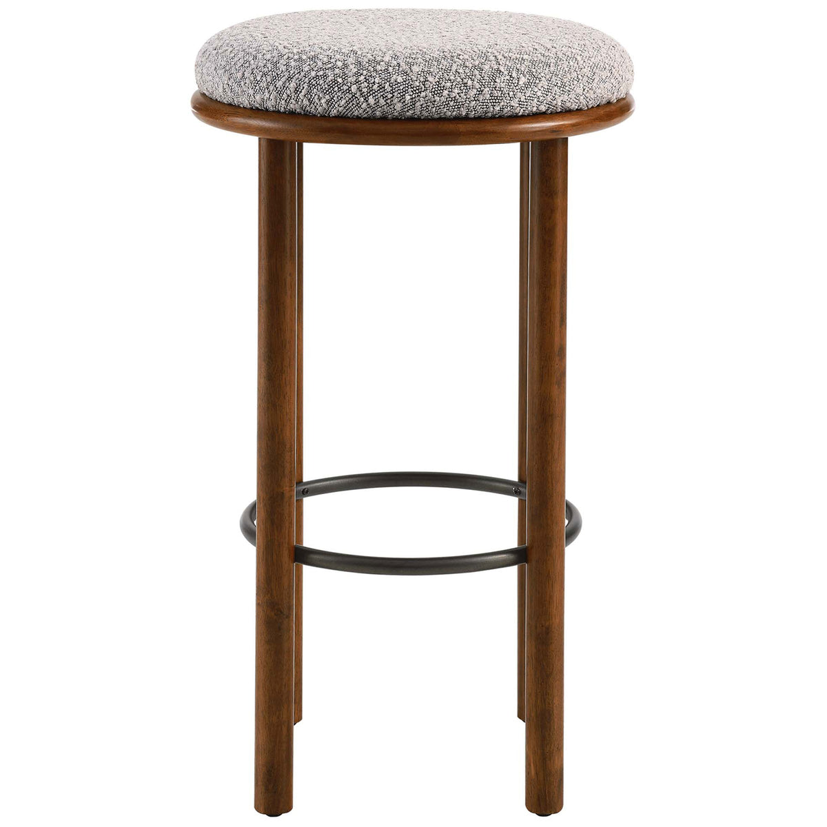 Bar-height stool with a round taupe boucle seat on a walnut base and steel ring footrest || EEI-6819-WAL-TAU || front_studio