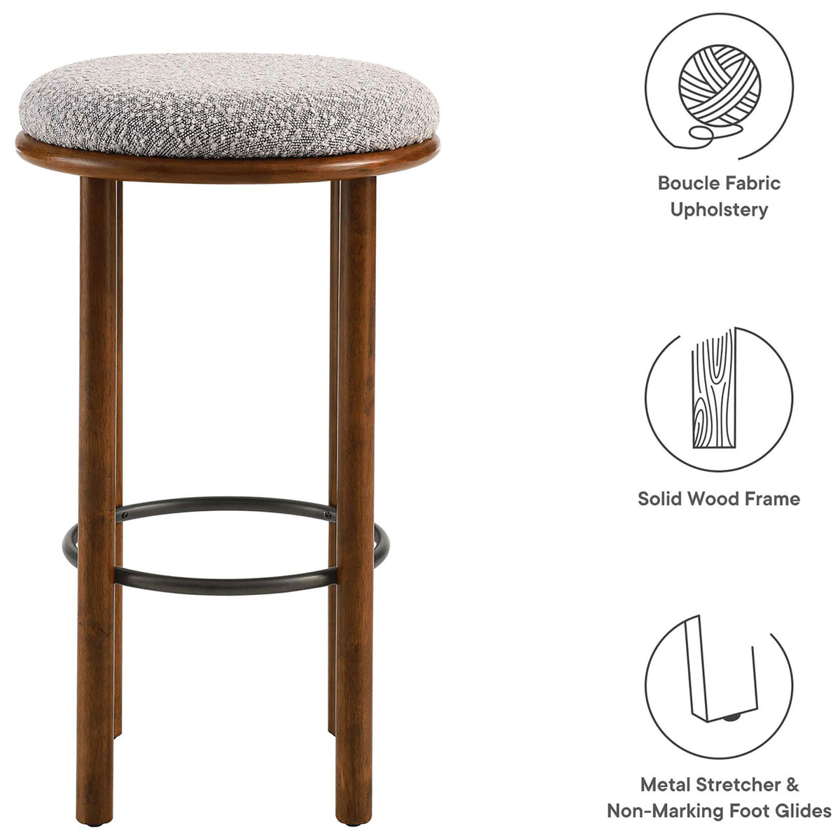 Boucle upholstery, solid rubberwood frame, and non-marking glides designed for lasting comfort || EEI-6819-WAL-TAU || callout_studio