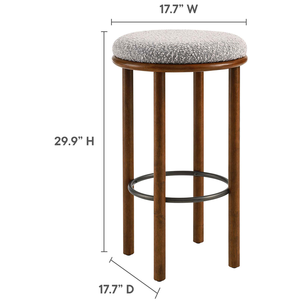 Bar stool proportions fit high counters with a 17.7 inch round seat and 29.9 inch height || EEI-6819-WAL-TAU || dimension_studio