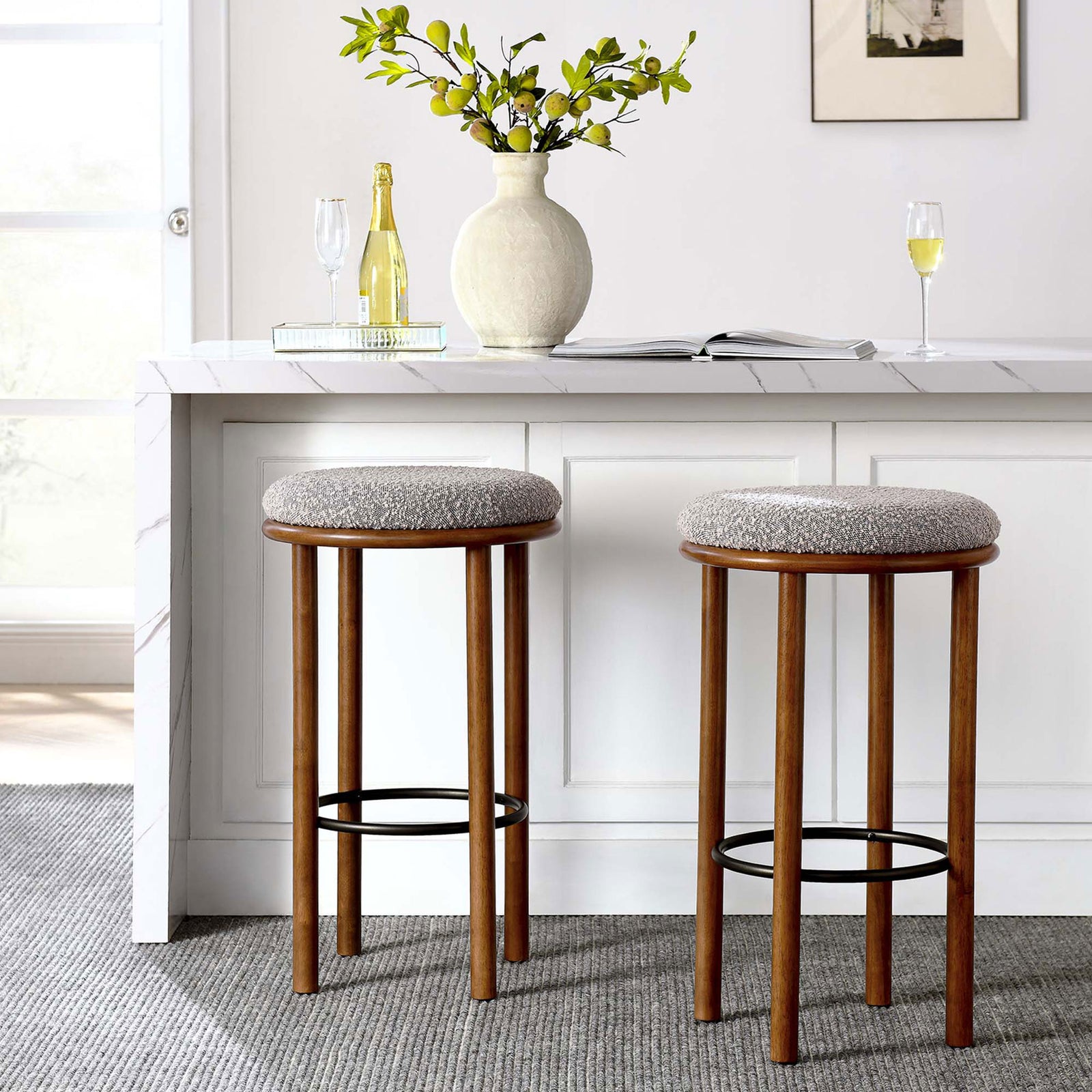 Two bar stools warm up the bar area with walnut wood and soft taupe boucle seats || EEI-6819-WAL-TAU || front_angle_multi_room