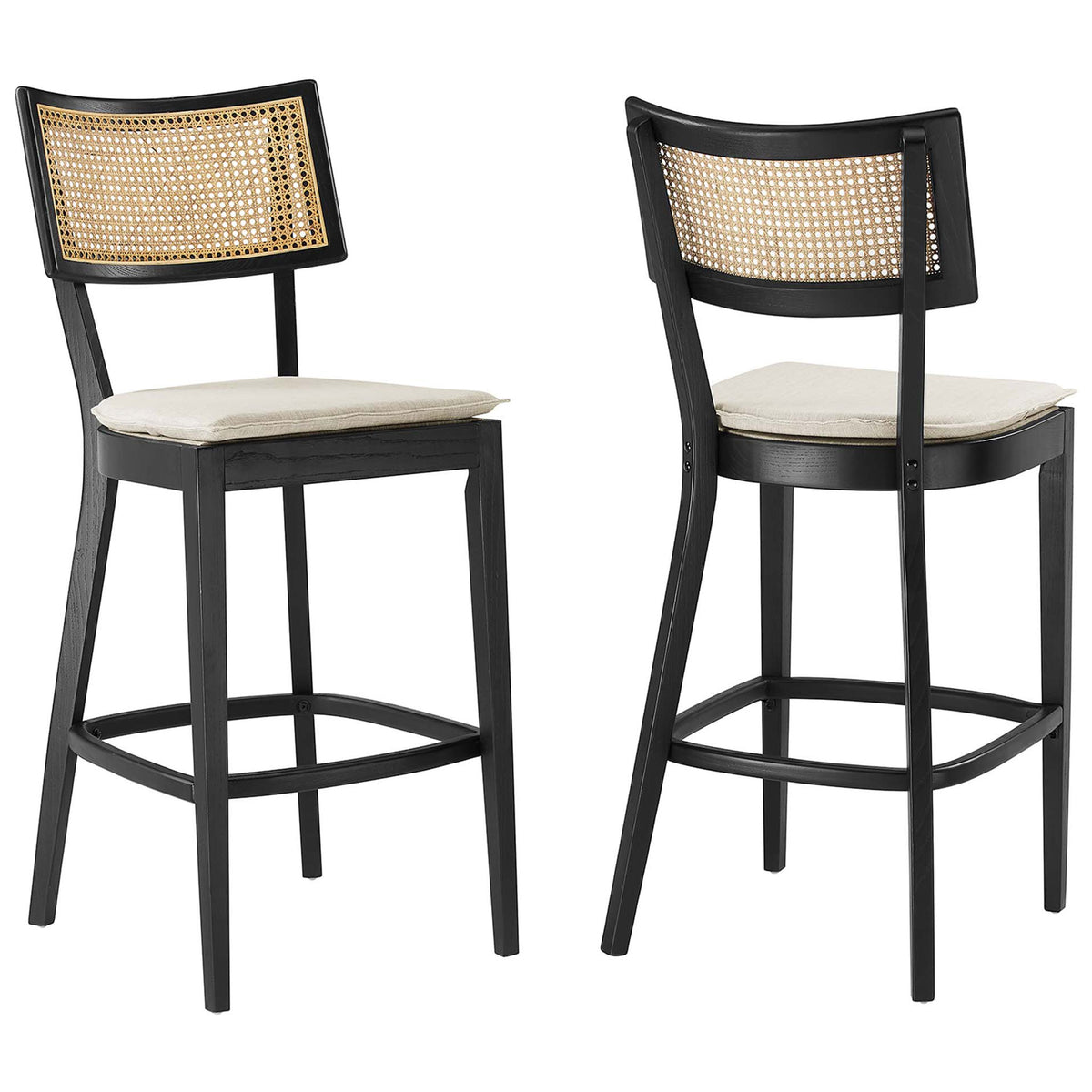 Set of two bar stools blends natural rattan with a bold black finish || EEI-6820-BLK-BEI || front_angle_multi_studio
