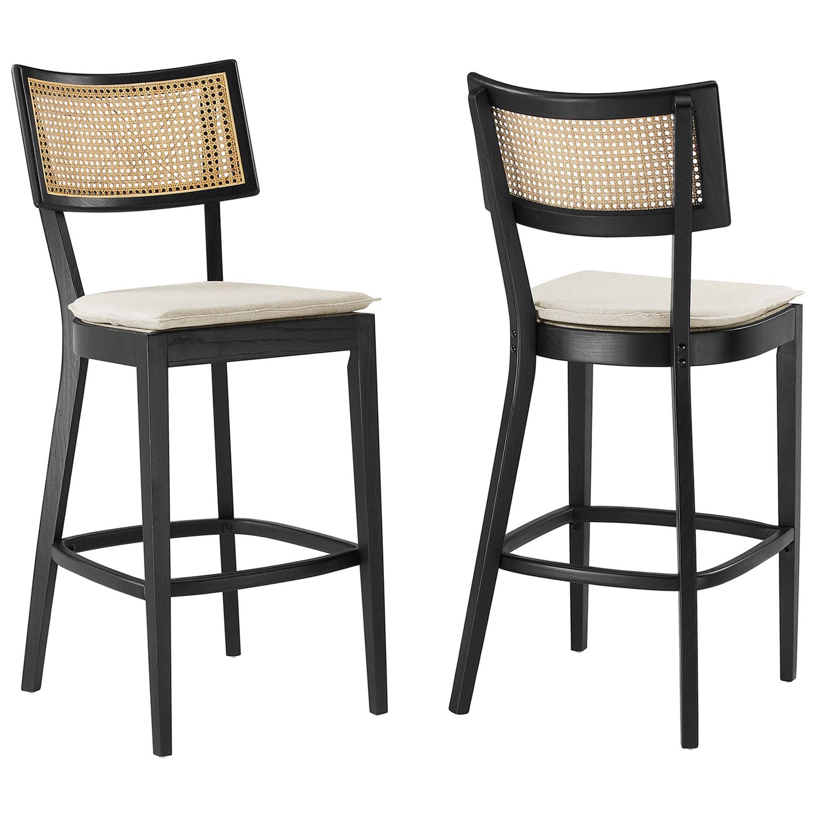 Set of two bar stools blends natural rattan with a bold black finish || EEI-6820-BLK-BEI || front_angle_multi_studio